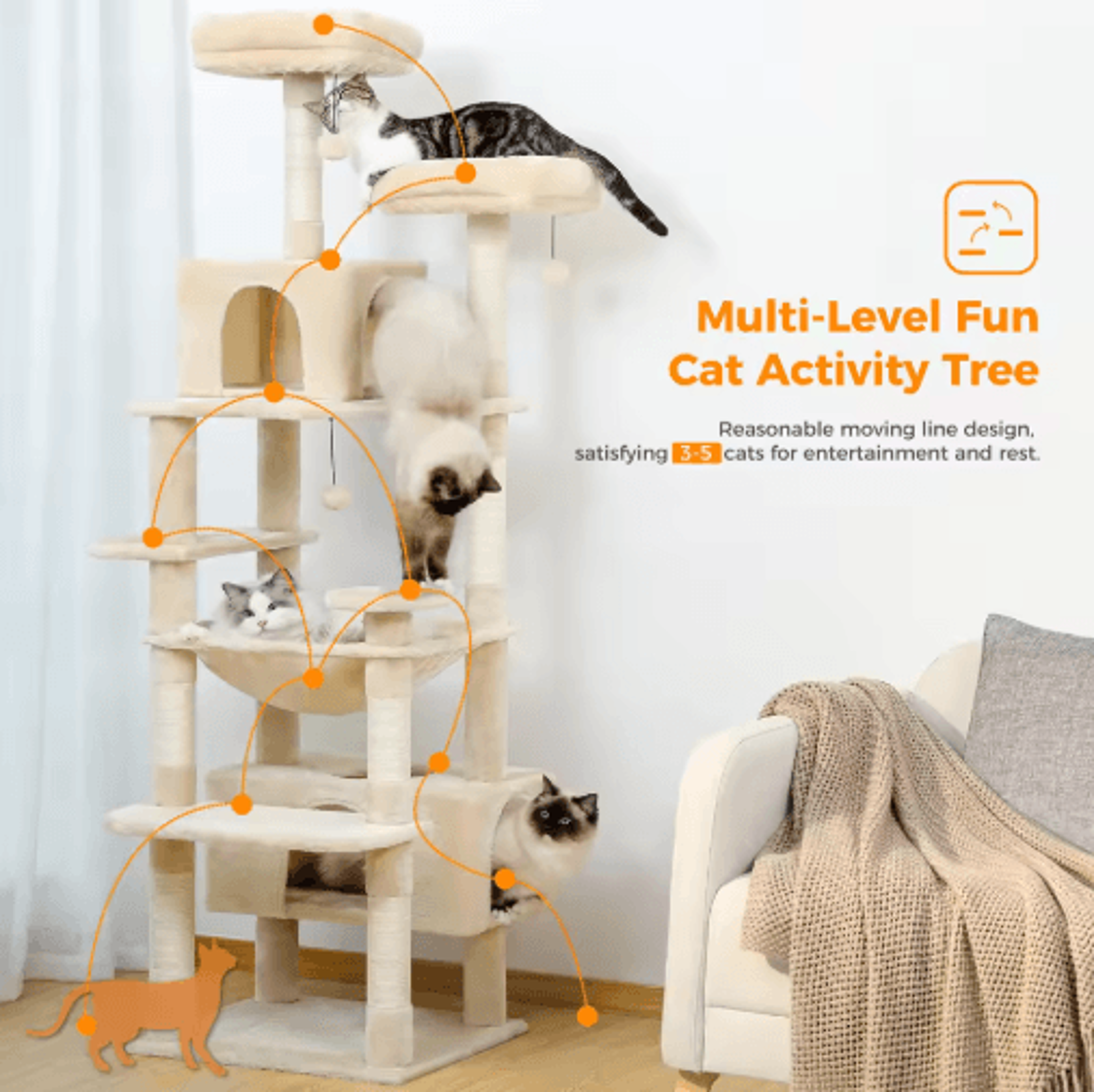 Large Cat Tree  Tower  MultiLevel Indoor Cat Condo With Hammock Scratching Posts  Toys 9