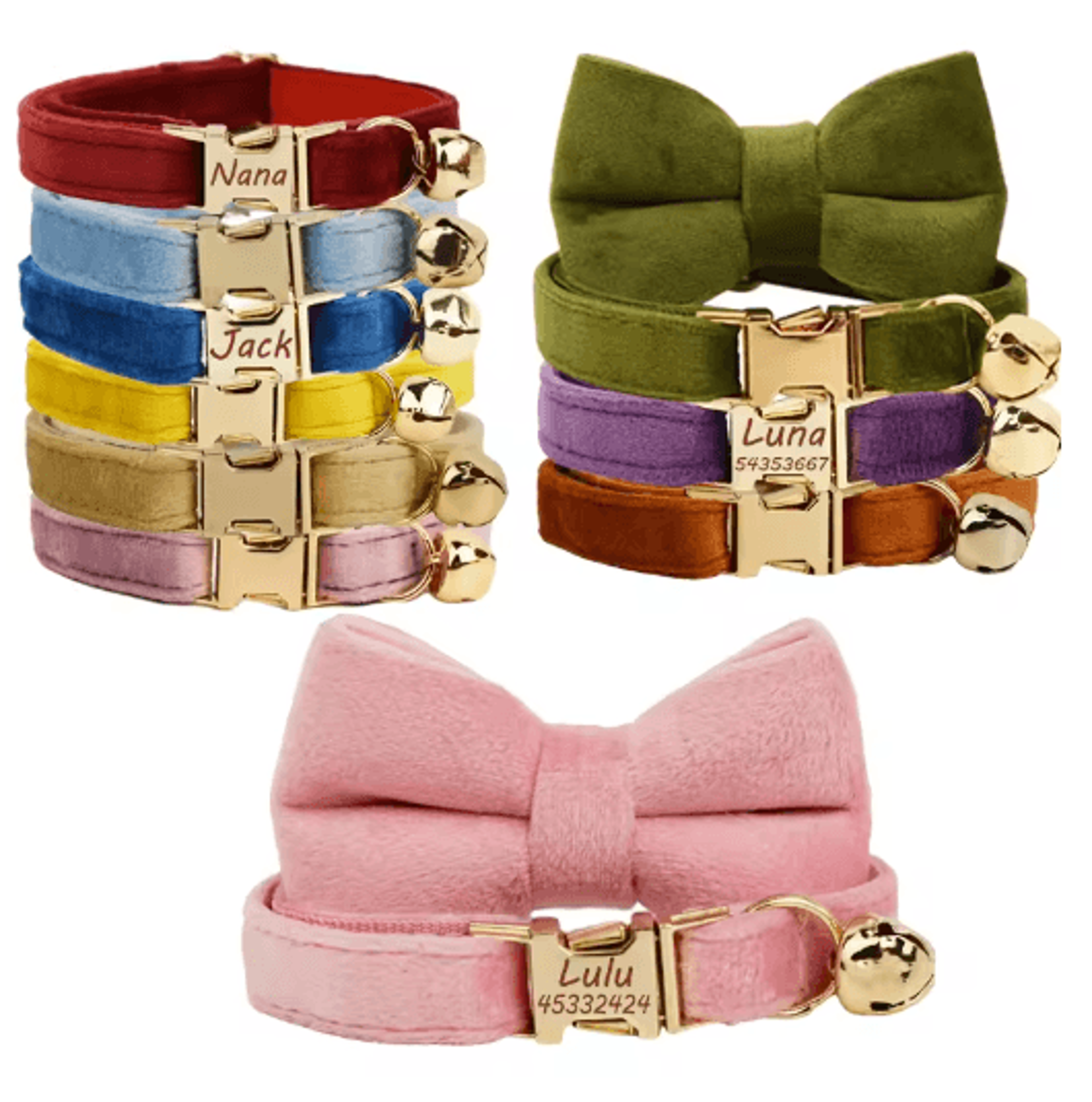 Personalized Velvet Cat Collar With Engraved Name  Bow Bell 0