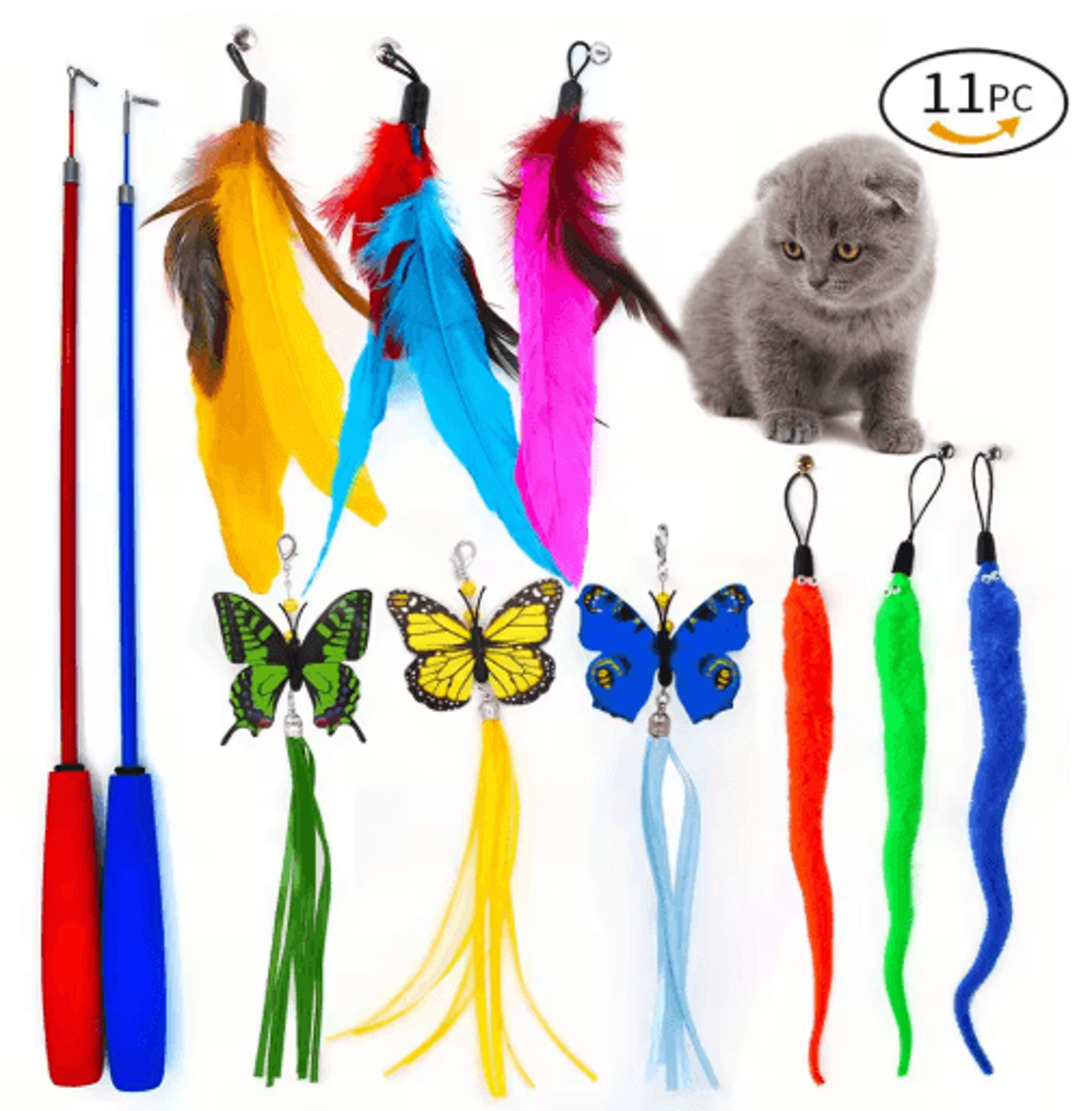 11Pack Interactive Cat Wand Toy Set Feather  Bell Teaser Toys For Cats And Kittens 0