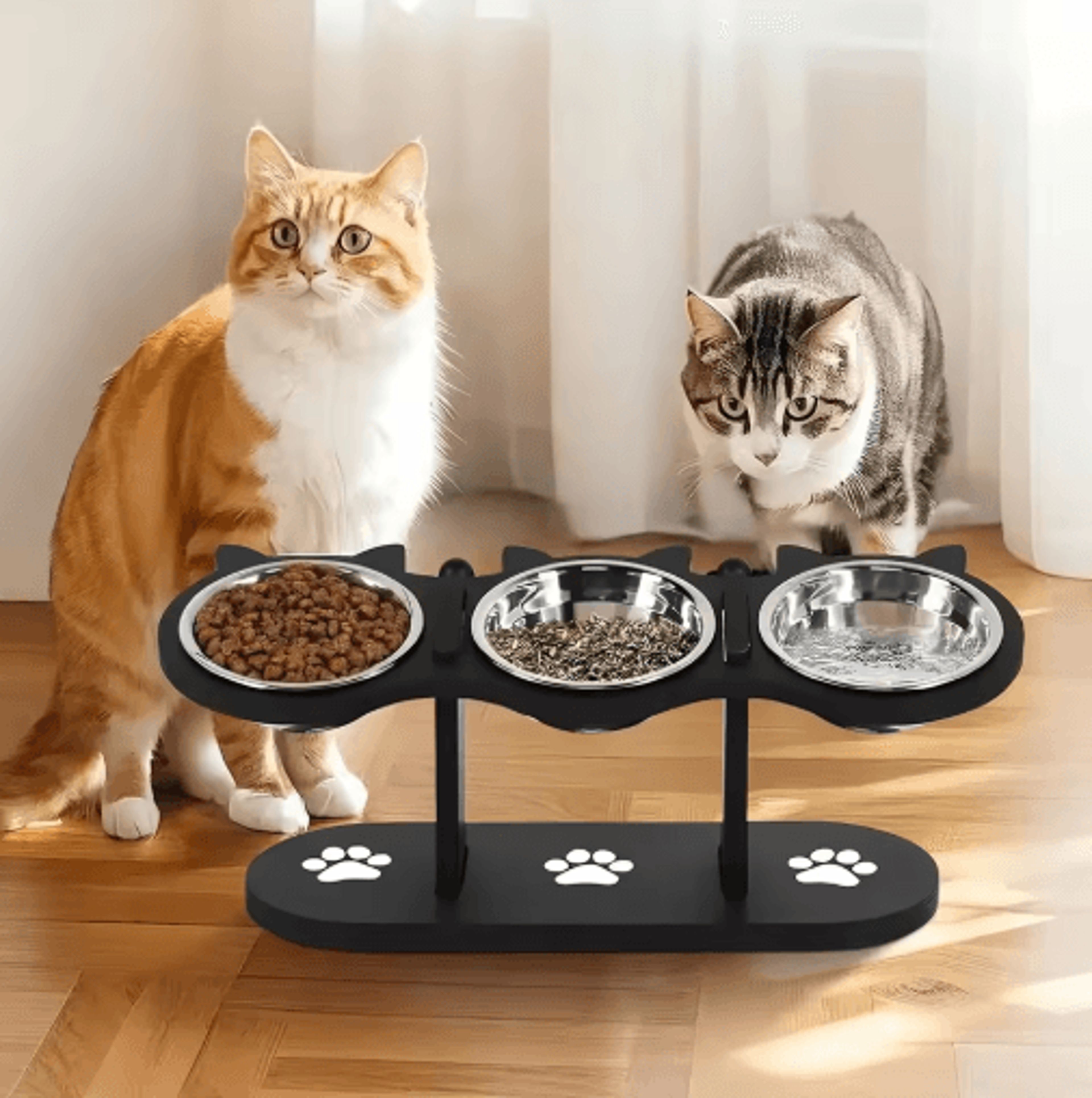 Elevated Cat Feeder With Solid Wood Frame  Stainless Steel Bowls 0