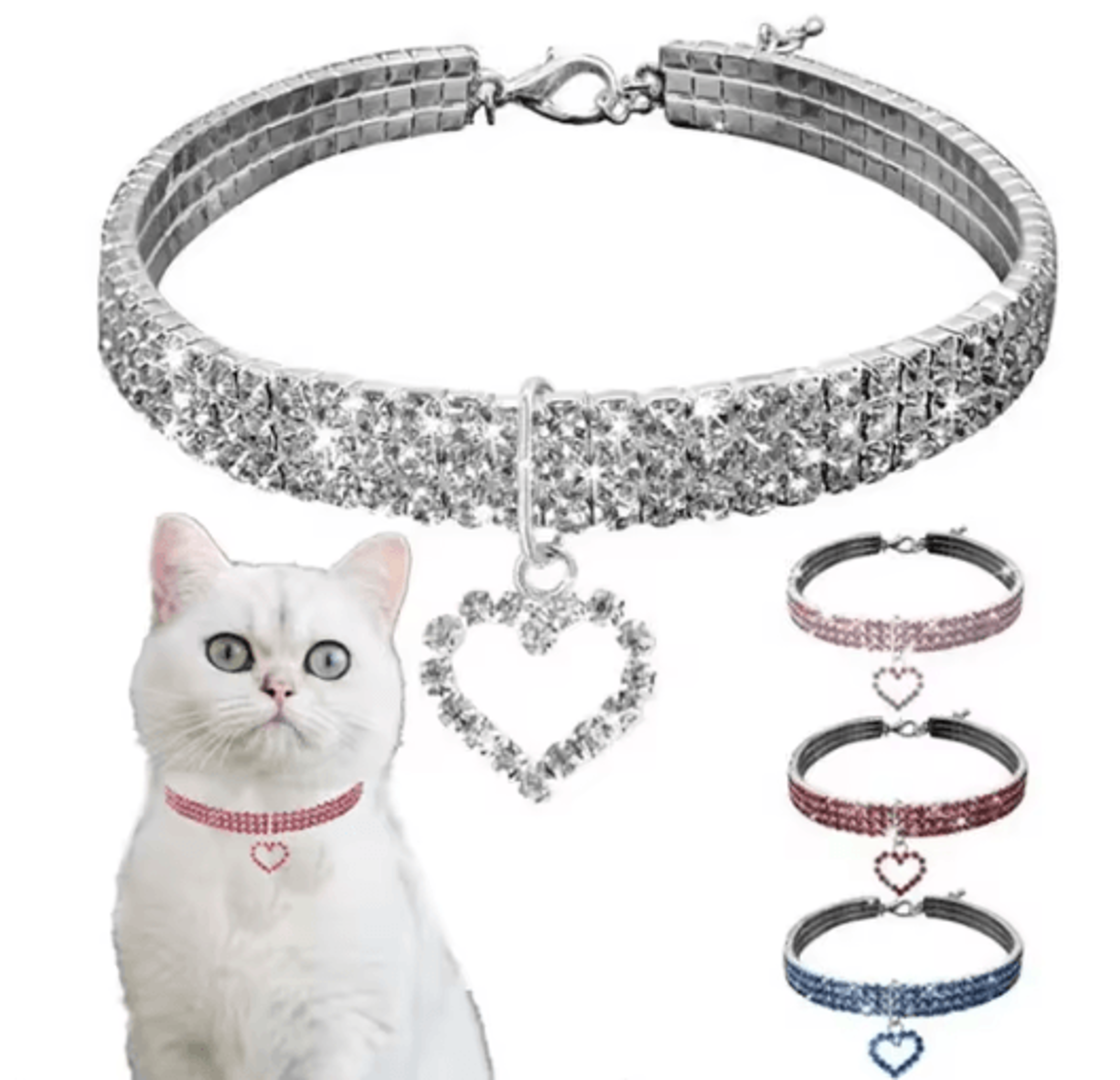 ThreeRow Rhinestone Pet Collar Rhinestone Pet Collar For Cats  Dogs With Elegant Heart Charm Design 0