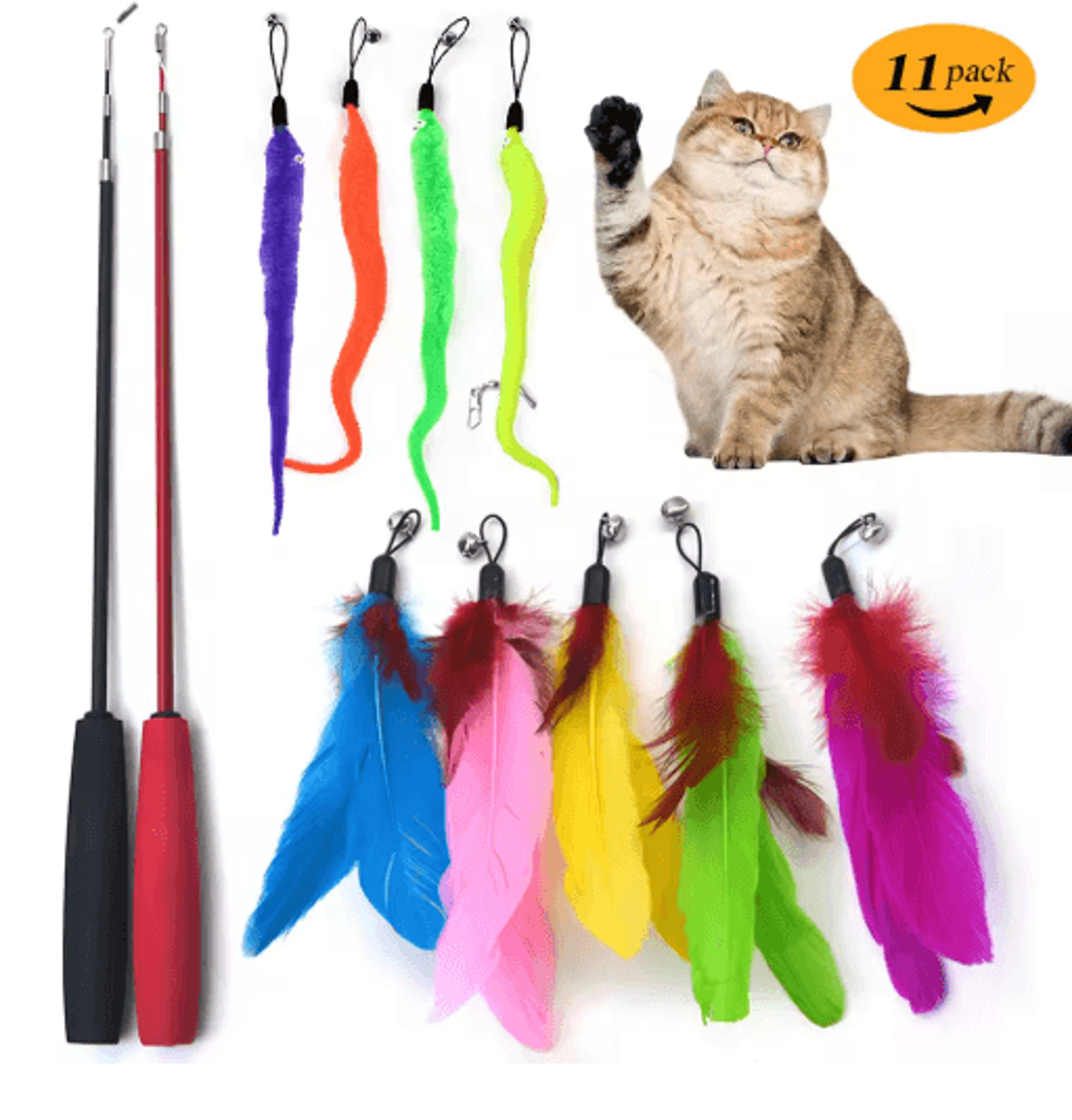 Retractable Feather Cat Teaser Wand Cat Teaser Wand With Colorful Feathers Bells  Extendable Fishin 0