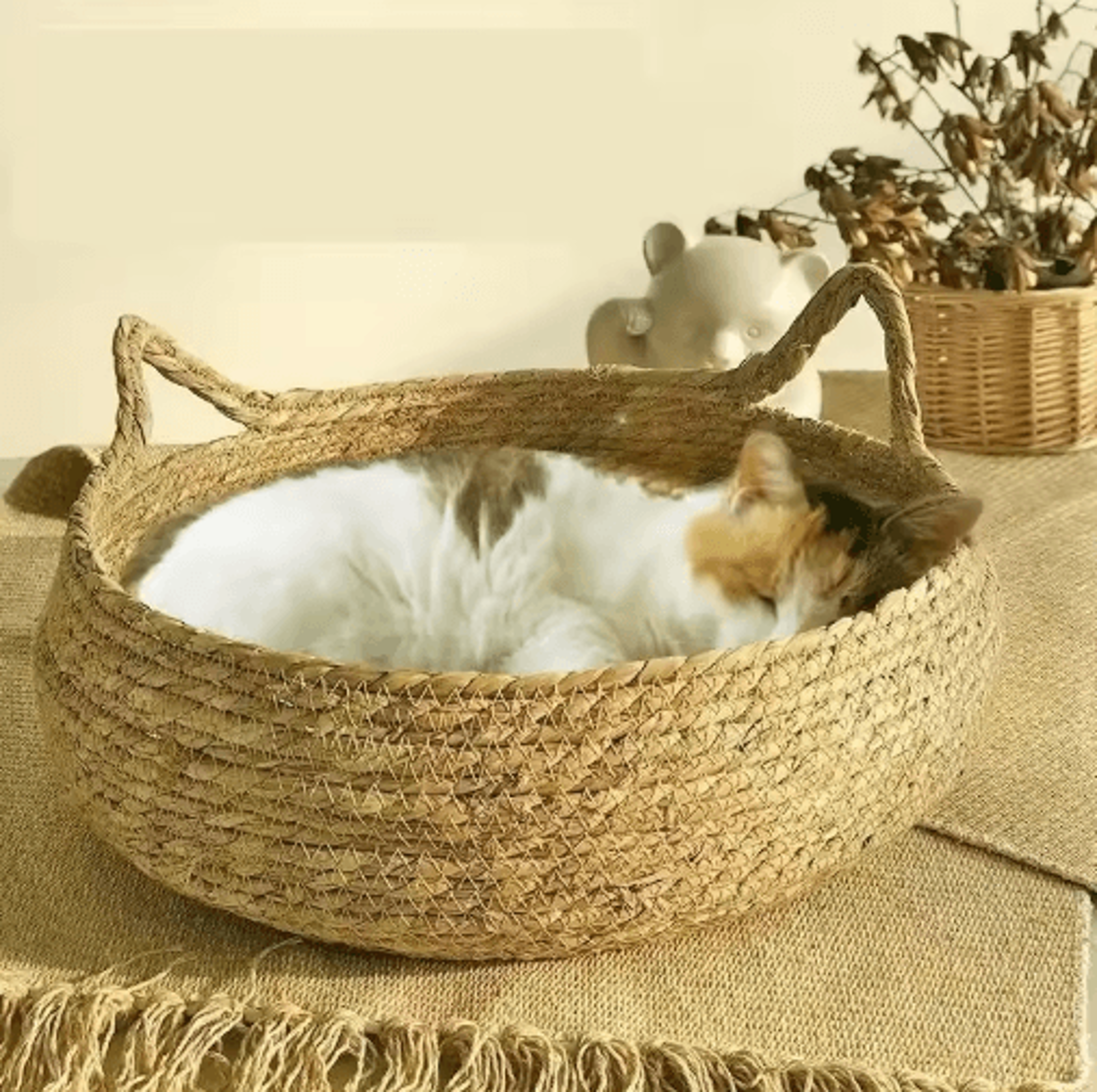 Handwoven Rattan Cat Bed  Removable Washable Pet Nest With AllSeason Comfort Pad 0
