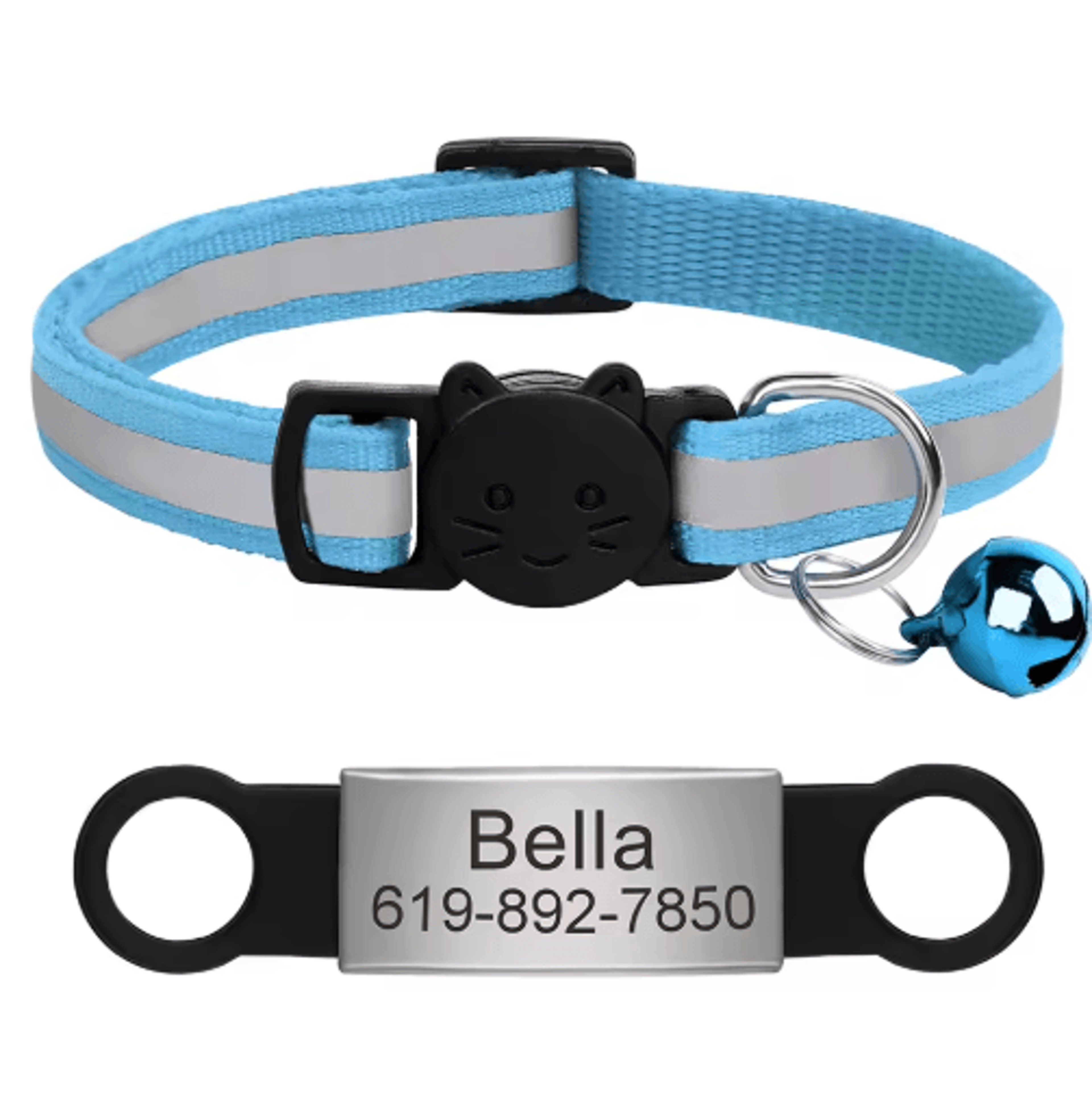 Personalized Reflective Cat Collar With Engraved ID Nameplate  Bell 13