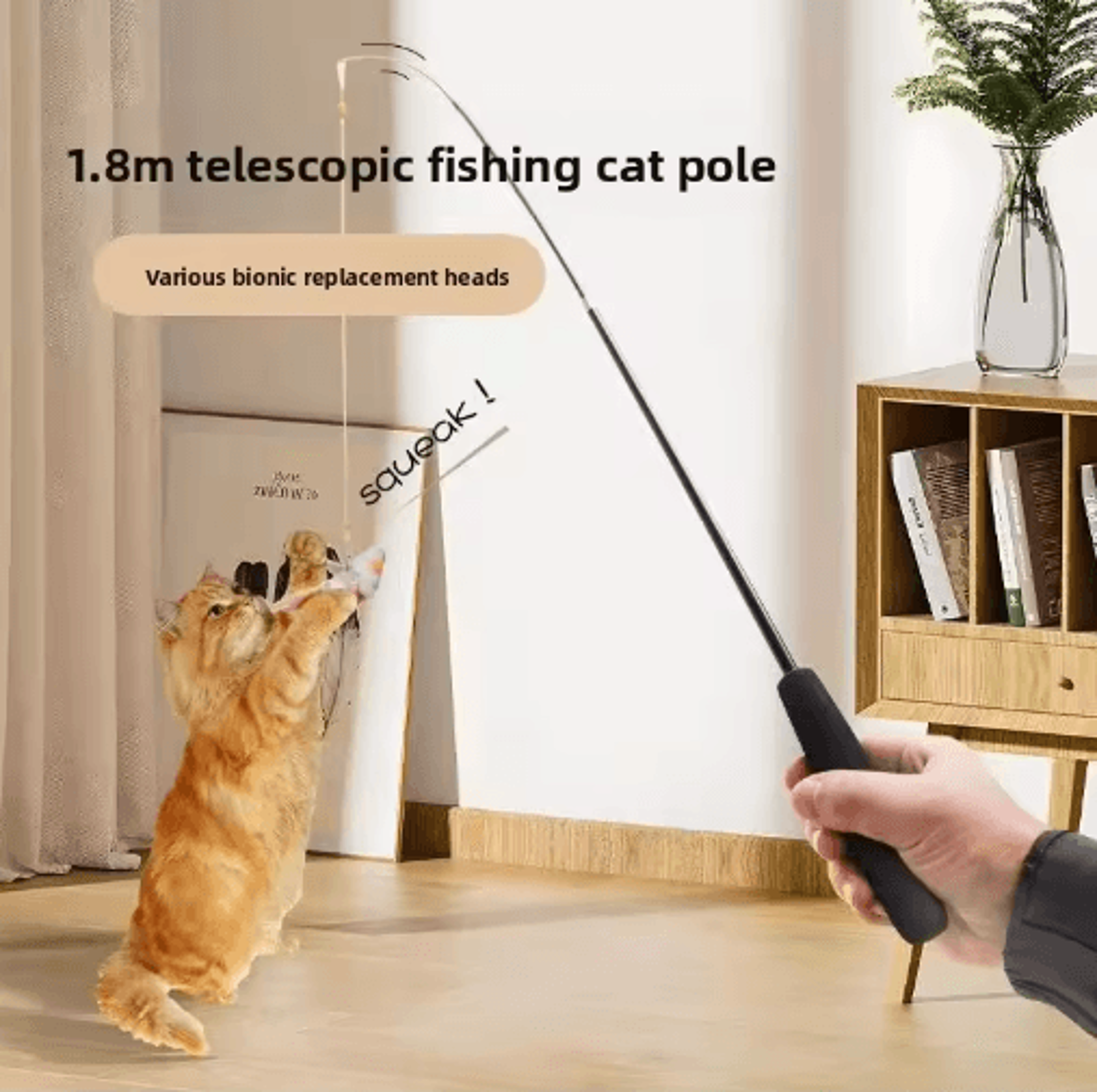 18M Extendable Cat Teaser Wand  Retractable Feather Toy With Bells 7