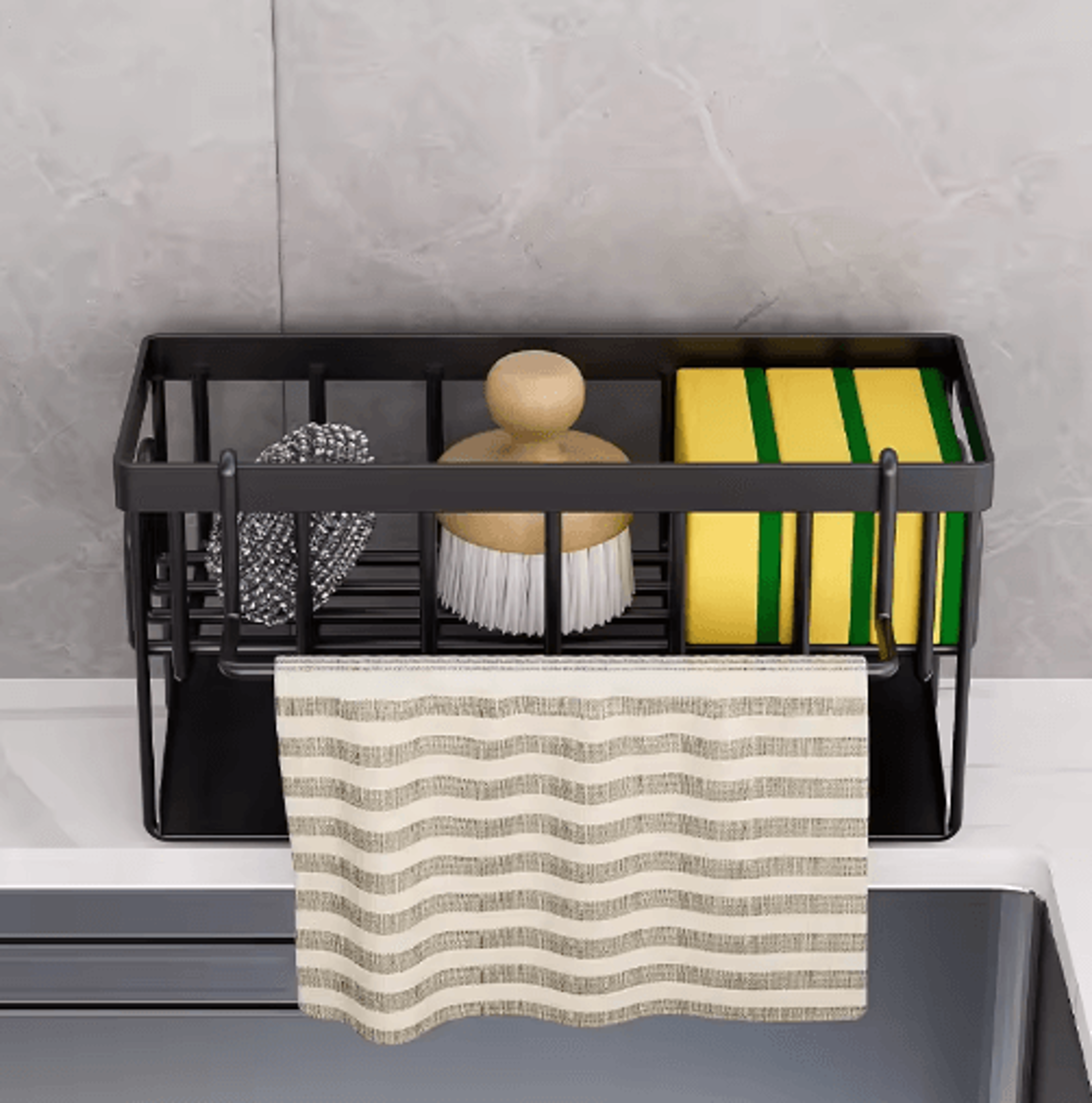 SelfDraining Kitchen Sink Organizer With Soap Sponge  Towel Holder 0