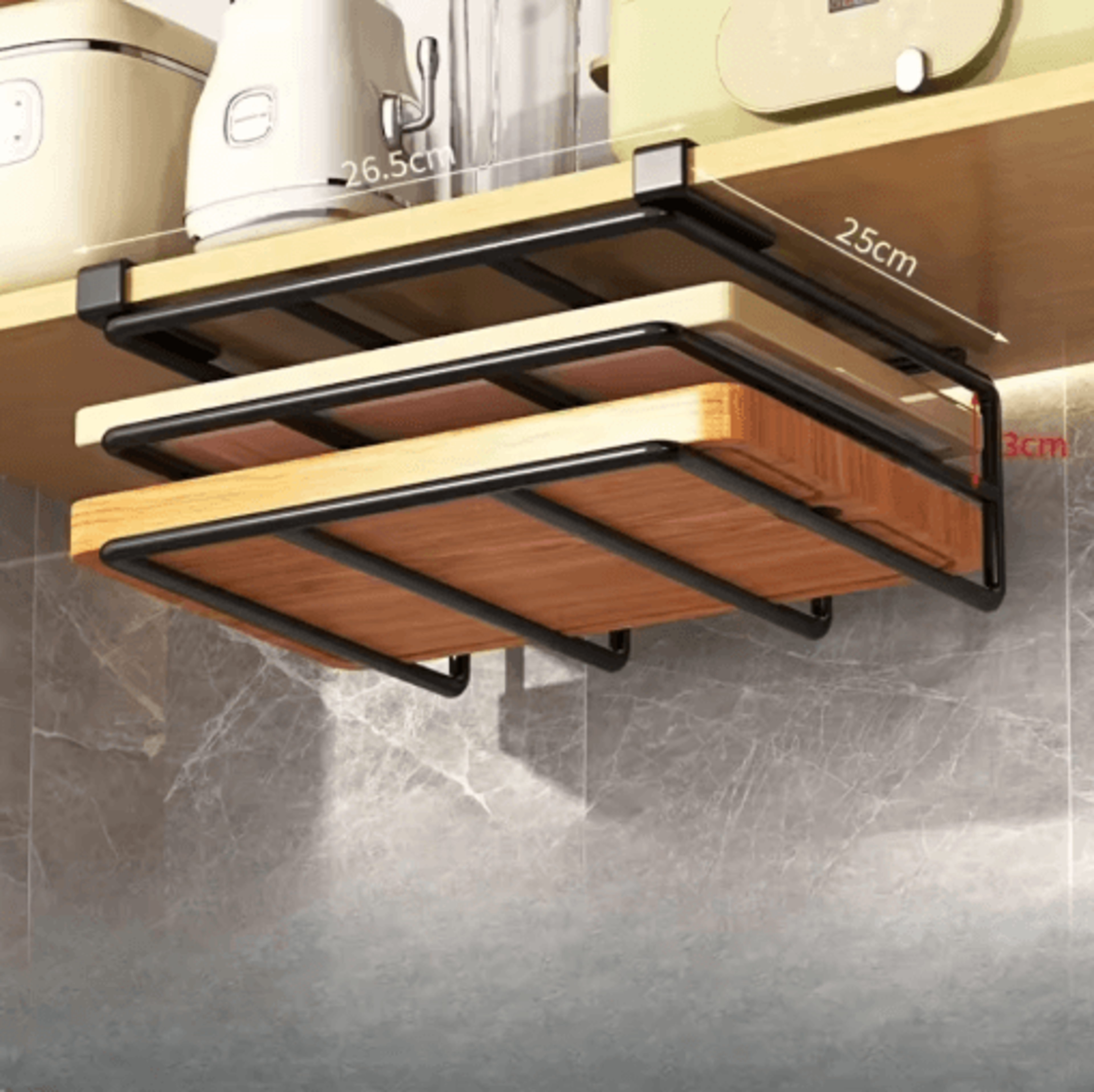 Under Cabinet Kitchen Organizer Rack  Hanging Storage Shelf With Hooks  Paper Towel Holder 2