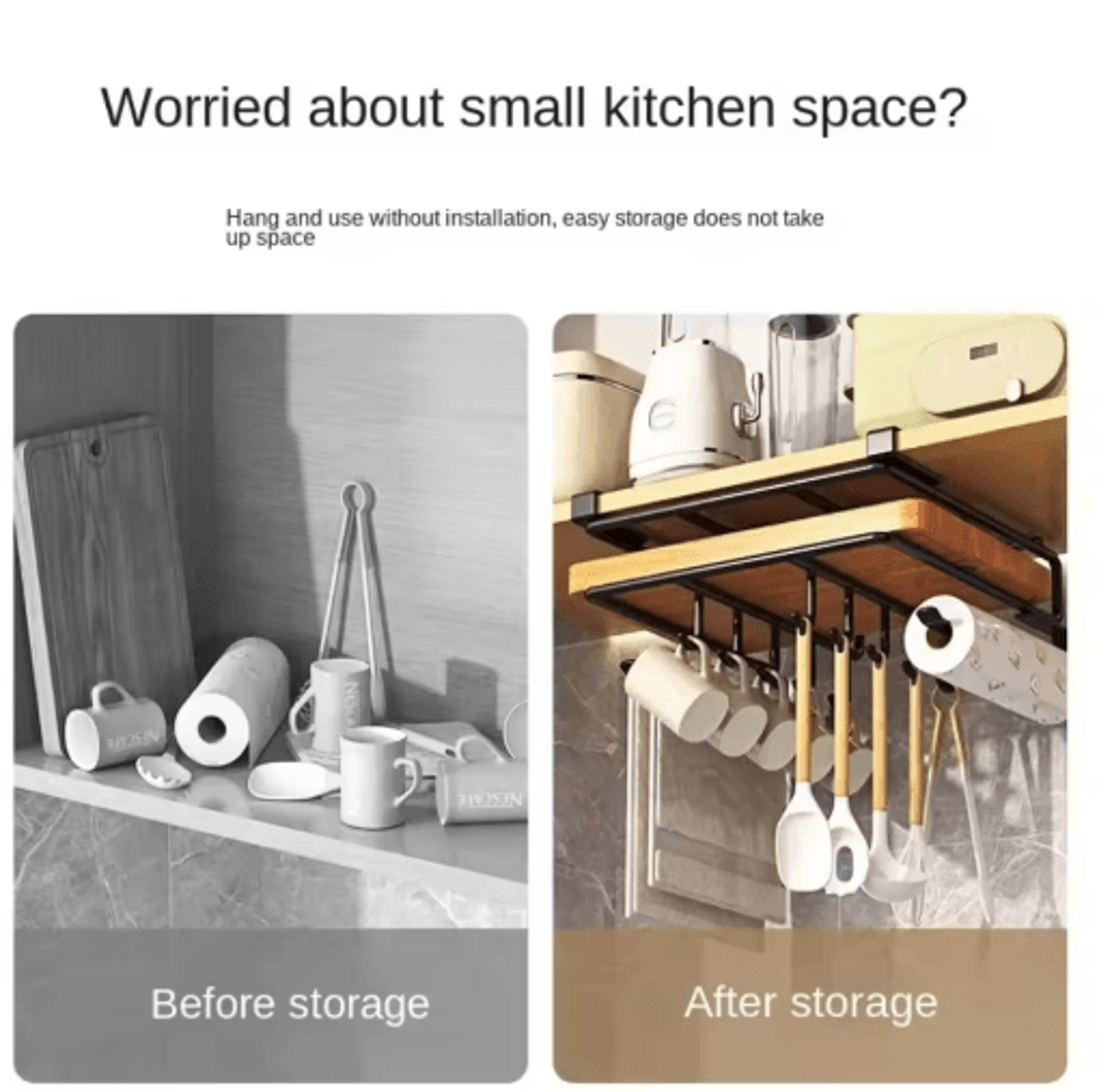 Under Cabinet Kitchen Organizer Rack  Hanging Storage Shelf With Hooks  Paper Towel Holder 3