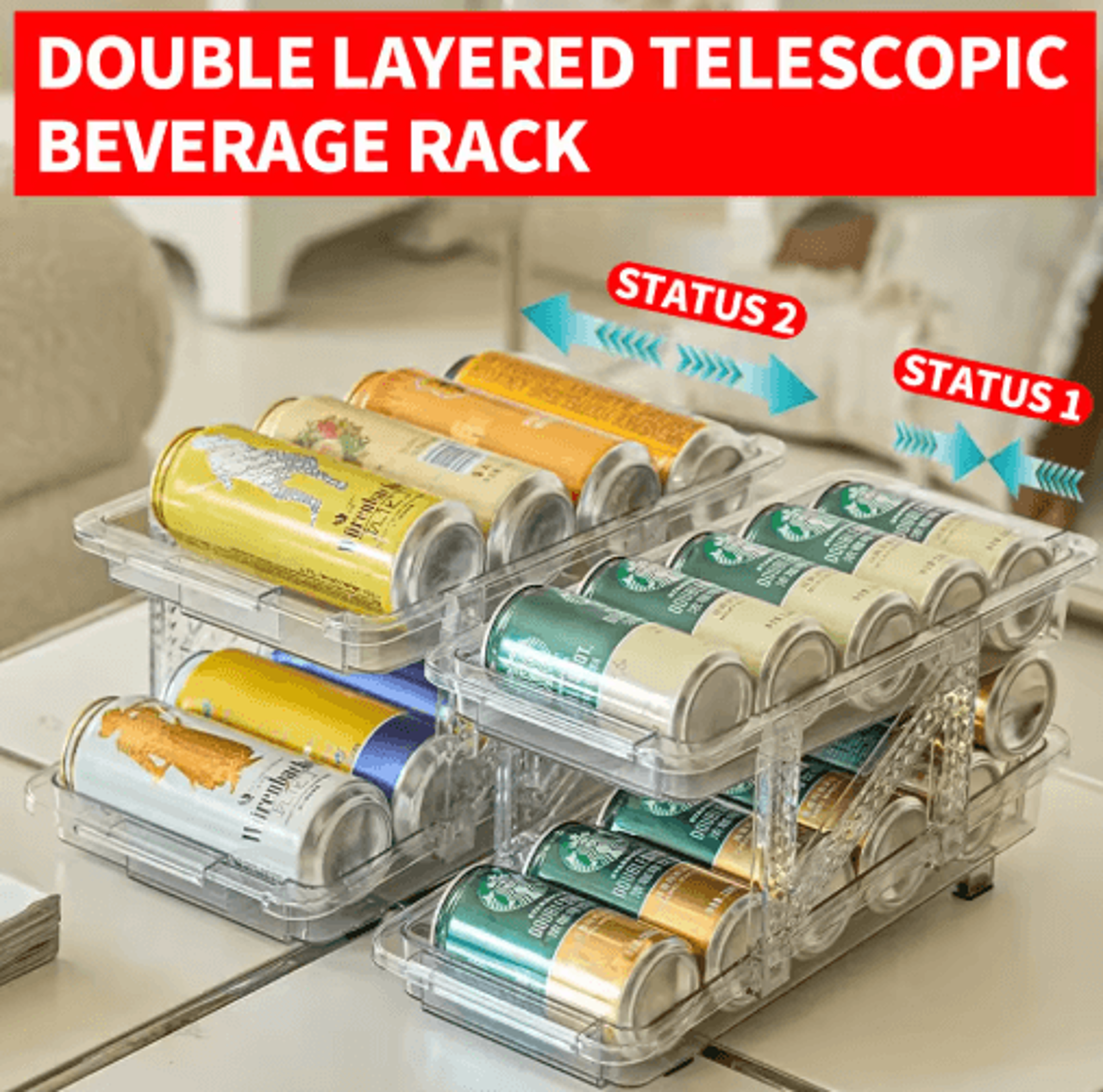 DoubleLayer Stretchable Can Organizer  Transparent Beverage Storage Rack For Refrigerator  Pantry 0