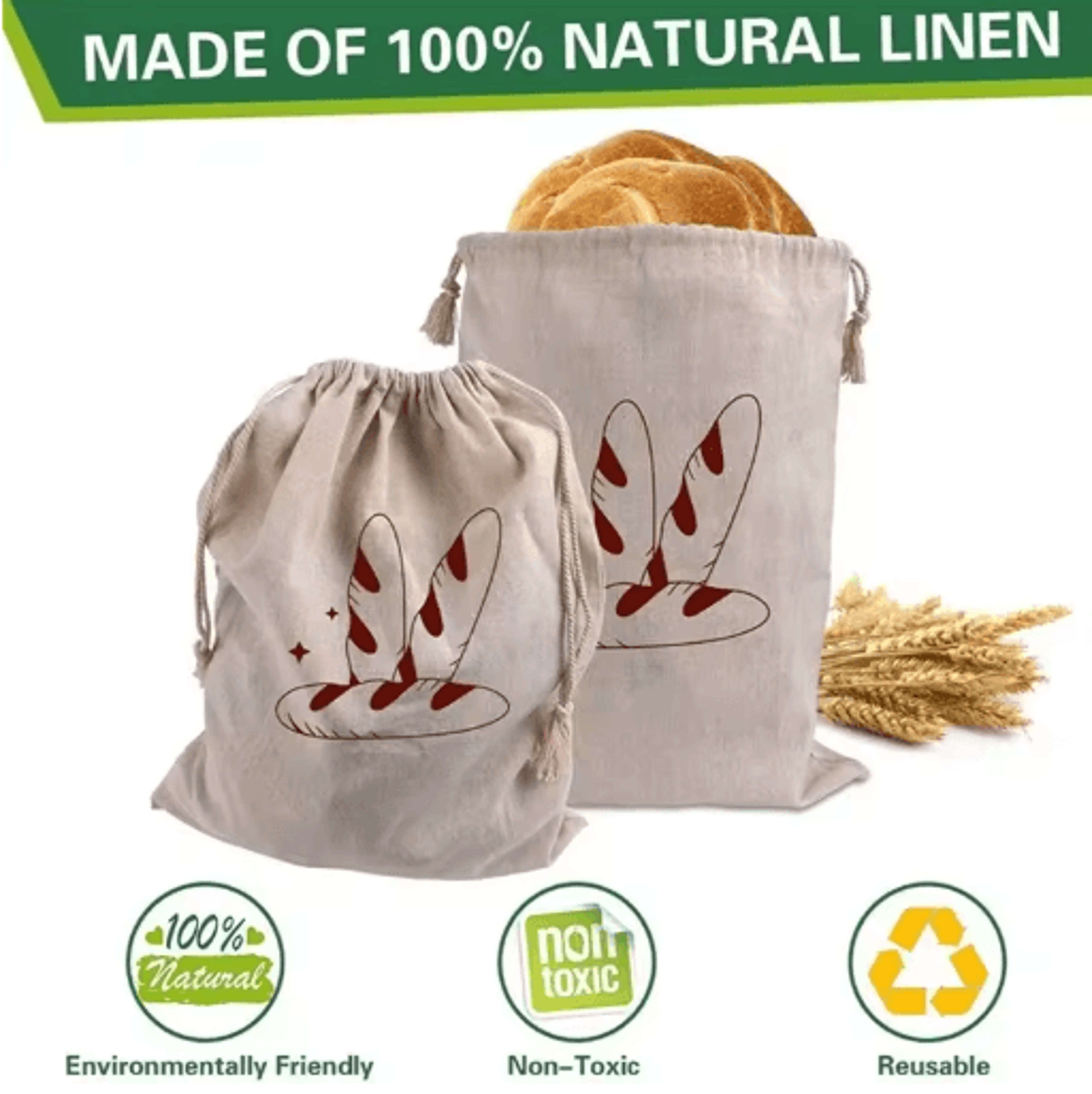 Reusable Linen Bread Bag  Cotton Drawstring Baguette  Homemade Loaf Storage Bag 4