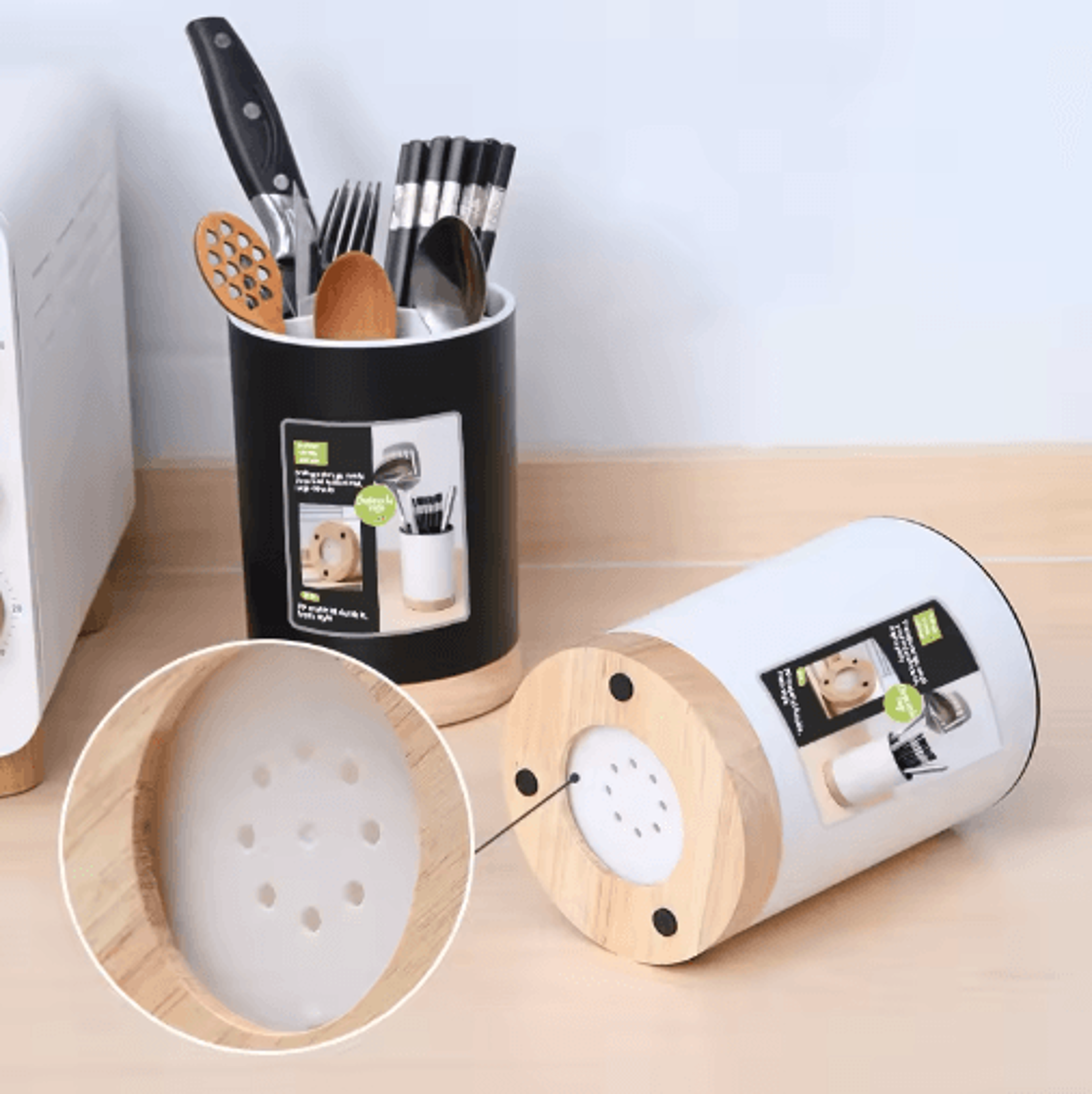 360 Rotating Kitchen Utensil Holder  3Grid Cutlery Organizer With Removable Divider  Drain Tray 6