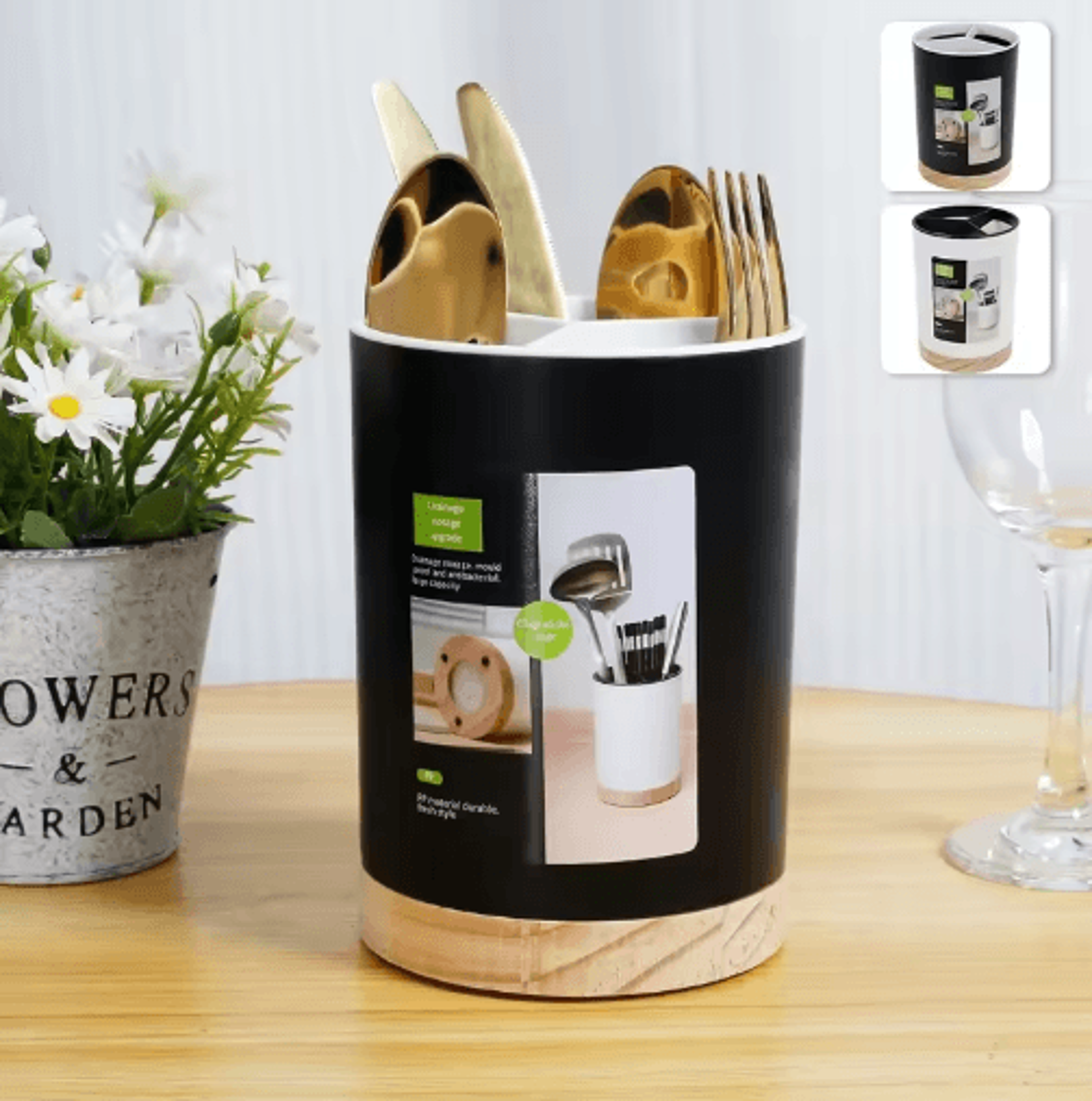 360 Rotating Kitchen Utensil Holder  3Grid Cutlery Organizer With Removable Divider  Drain Tray 0