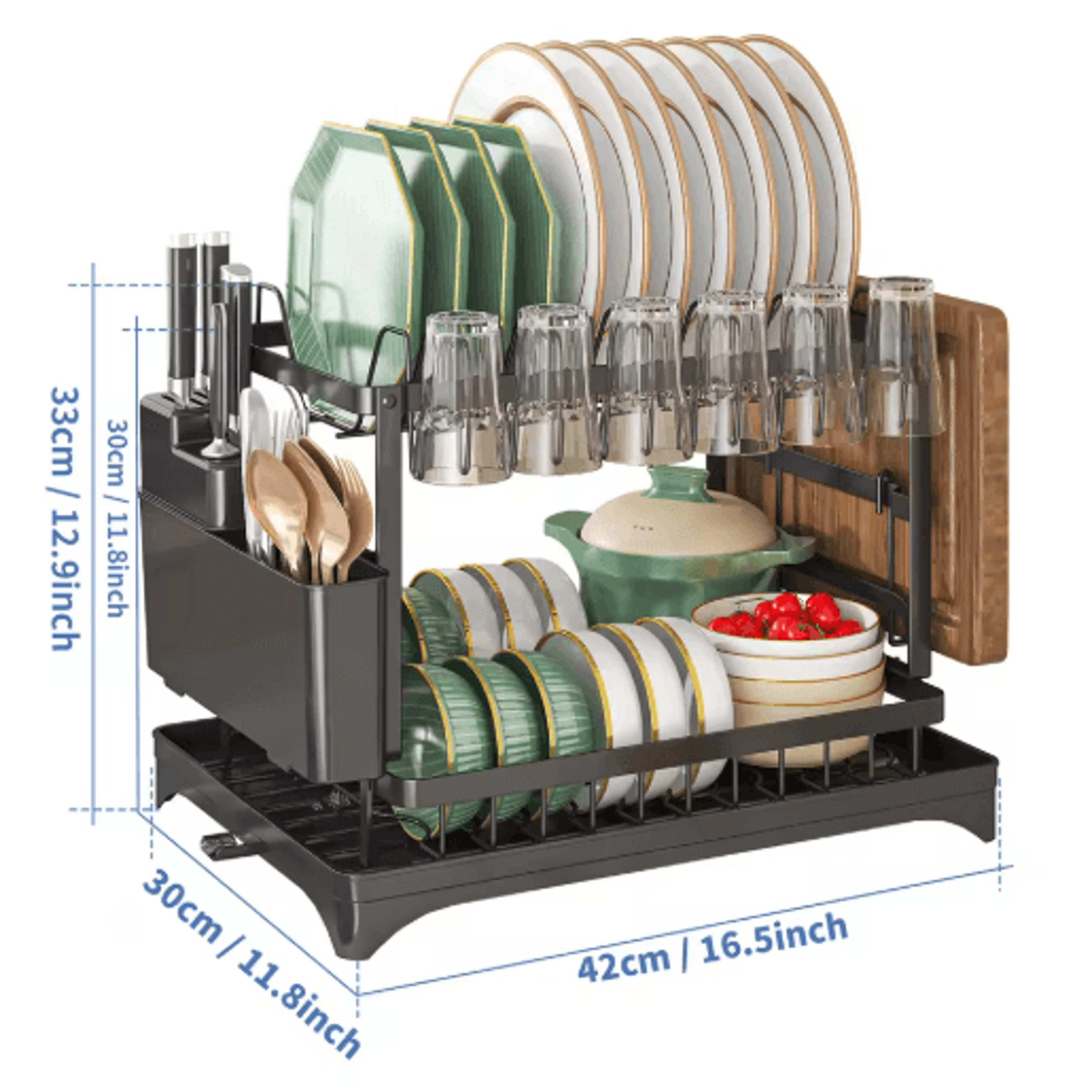 2 Tier Dish Drying Rack With Drain Tray Cutlery Holder  Cup Storage For Kitchen Countertops 2