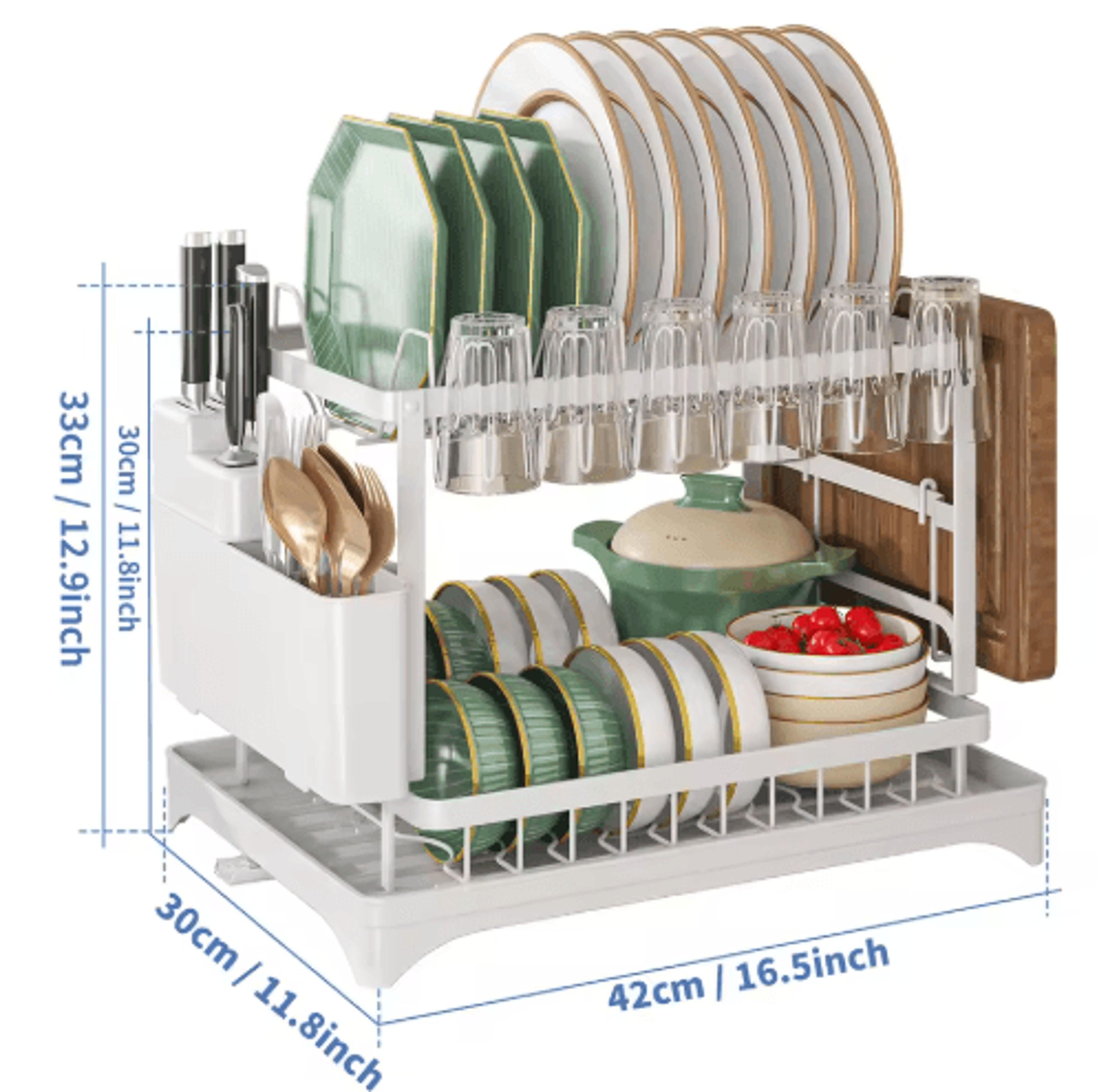 2 Tier Dish Drying Rack With Drain Tray Cutlery Holder  Cup Storage For Kitchen Countertops 3