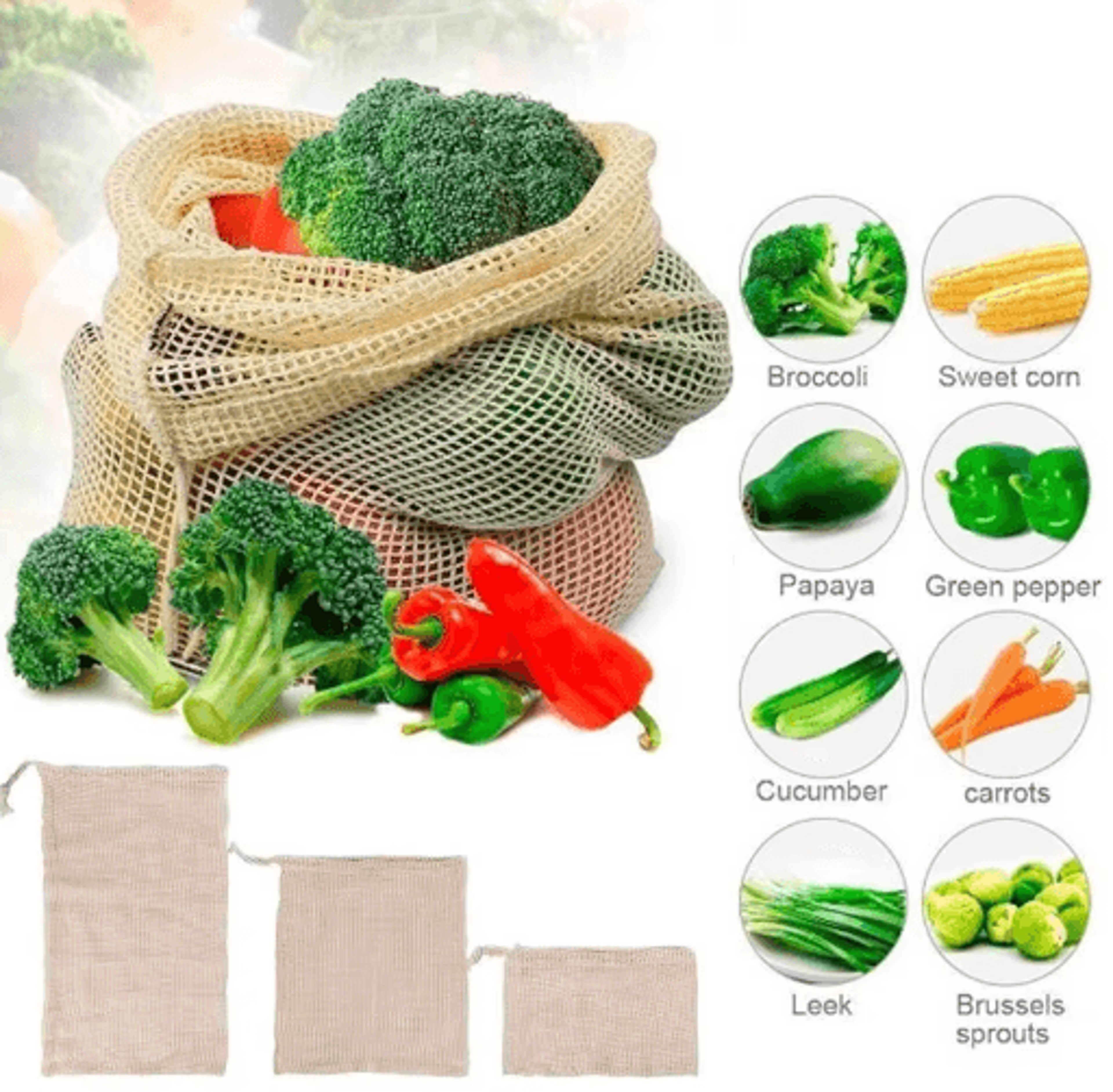 3Piece Reusable Cotton Mesh Produce Bags  Drawstring Vegetable  Fruit Storage Bags 2