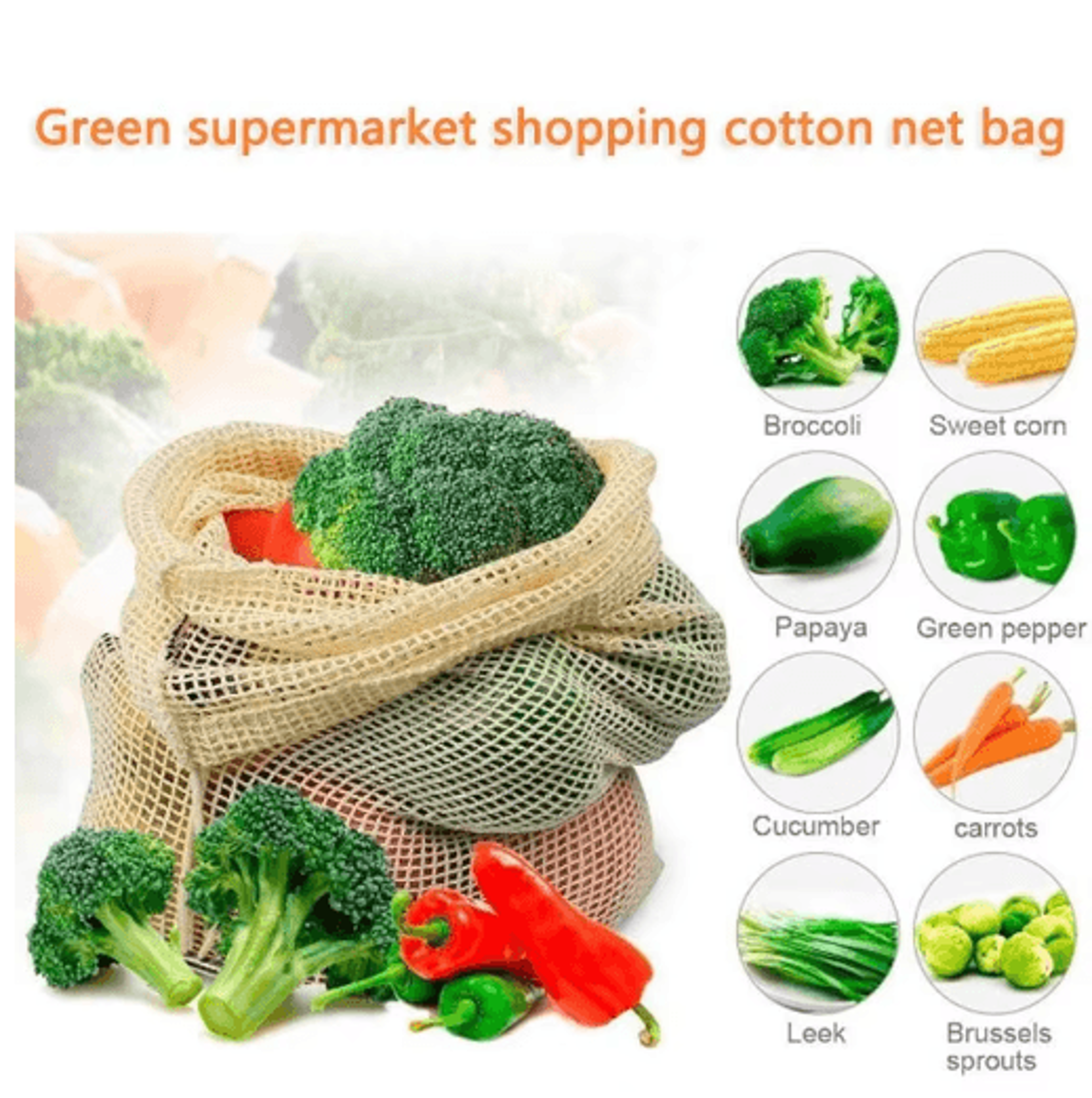 3Piece Reusable Cotton Mesh Produce Bags  Drawstring Vegetable  Fruit Storage Bags 4