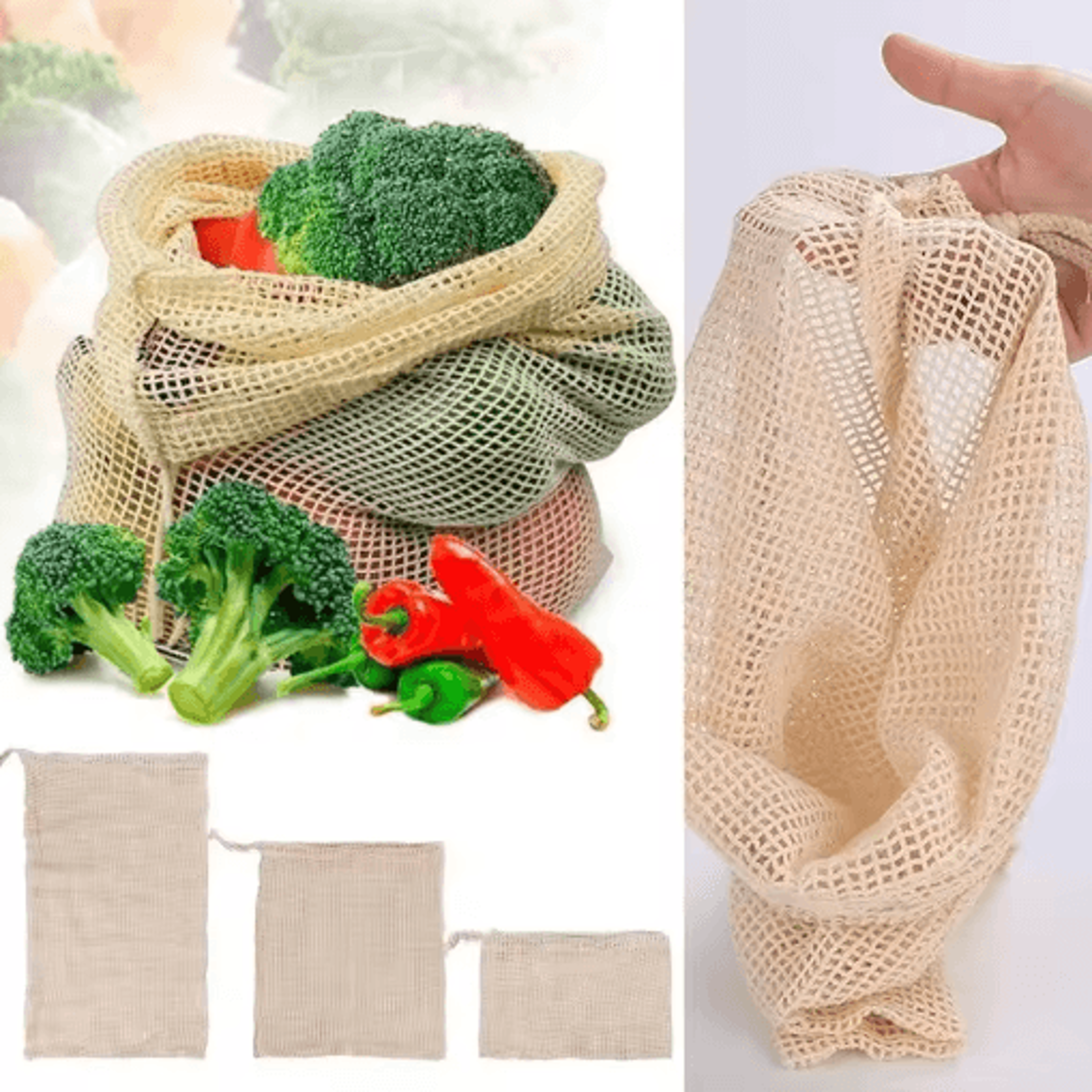 3Piece Reusable Cotton Mesh Produce Bags  Drawstring Vegetable  Fruit Storage Bags 5