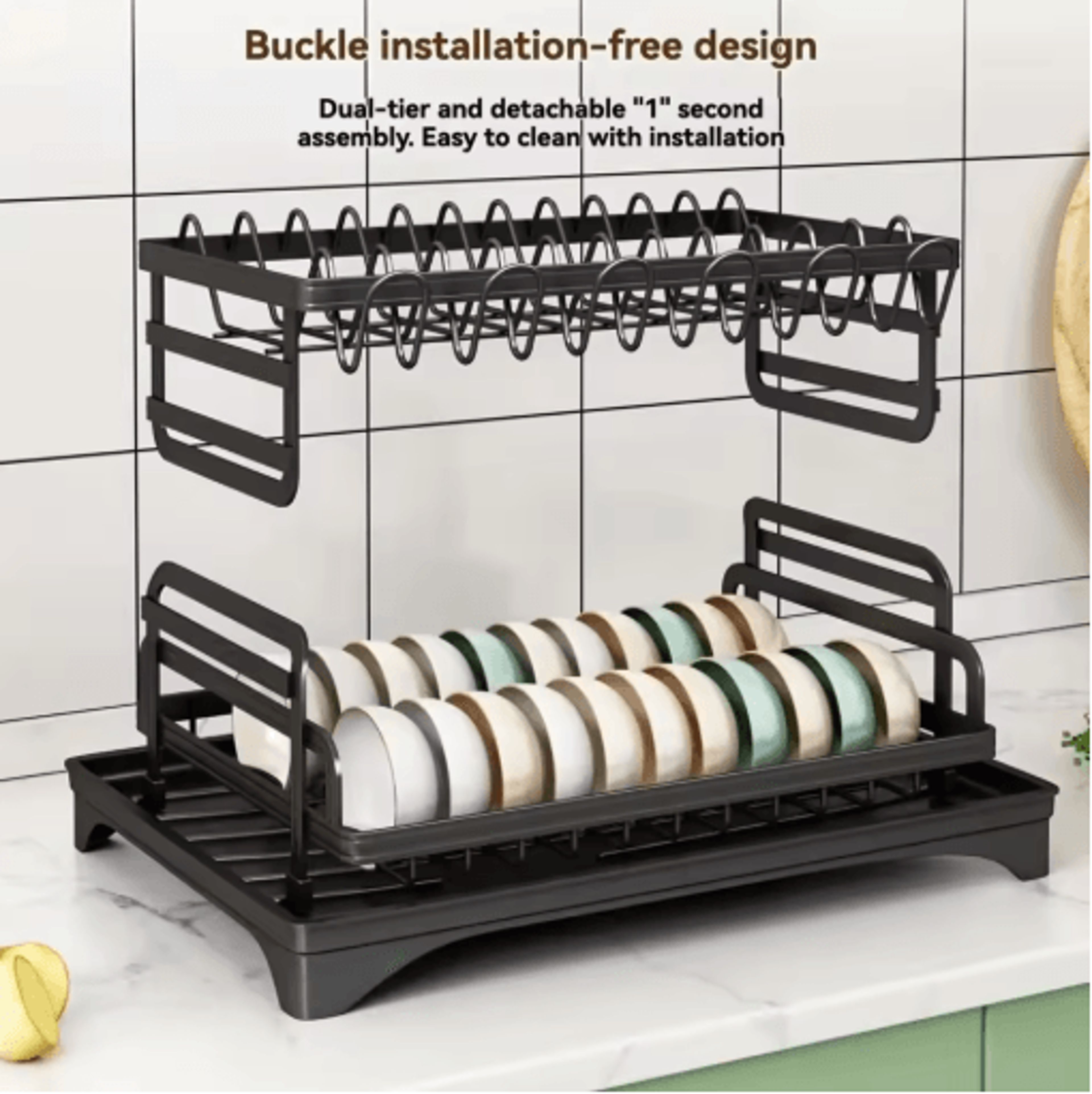 2 Tier Dish Drying Rack With Cutlery Holder  Kitchen Countertop Bowl Cup  Tableware Drainer 6
