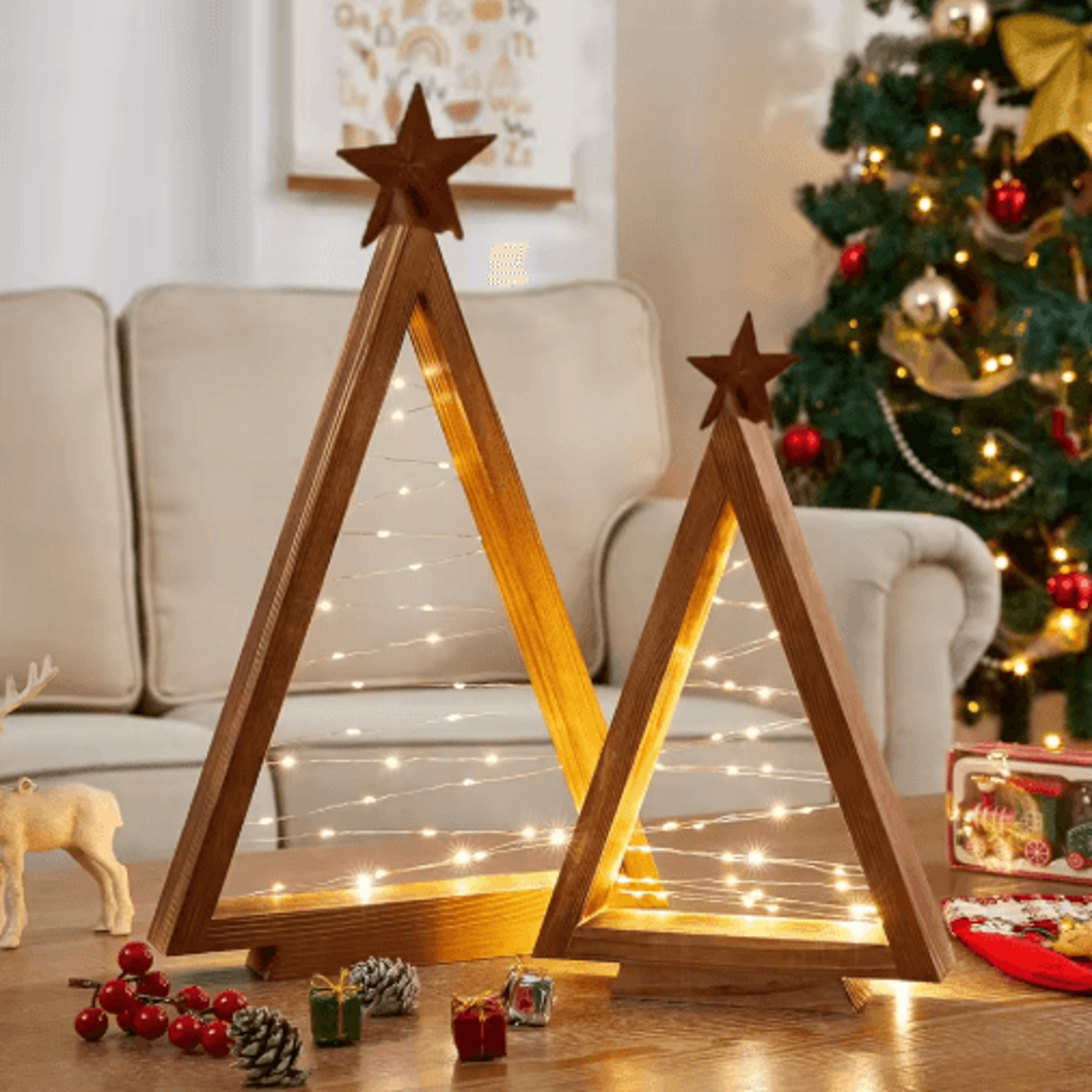 2PCS Wood Christmas Tree With LED Lights  Modern Farmhouse Lighted Tabletop Christmas Tree For Holi 0
