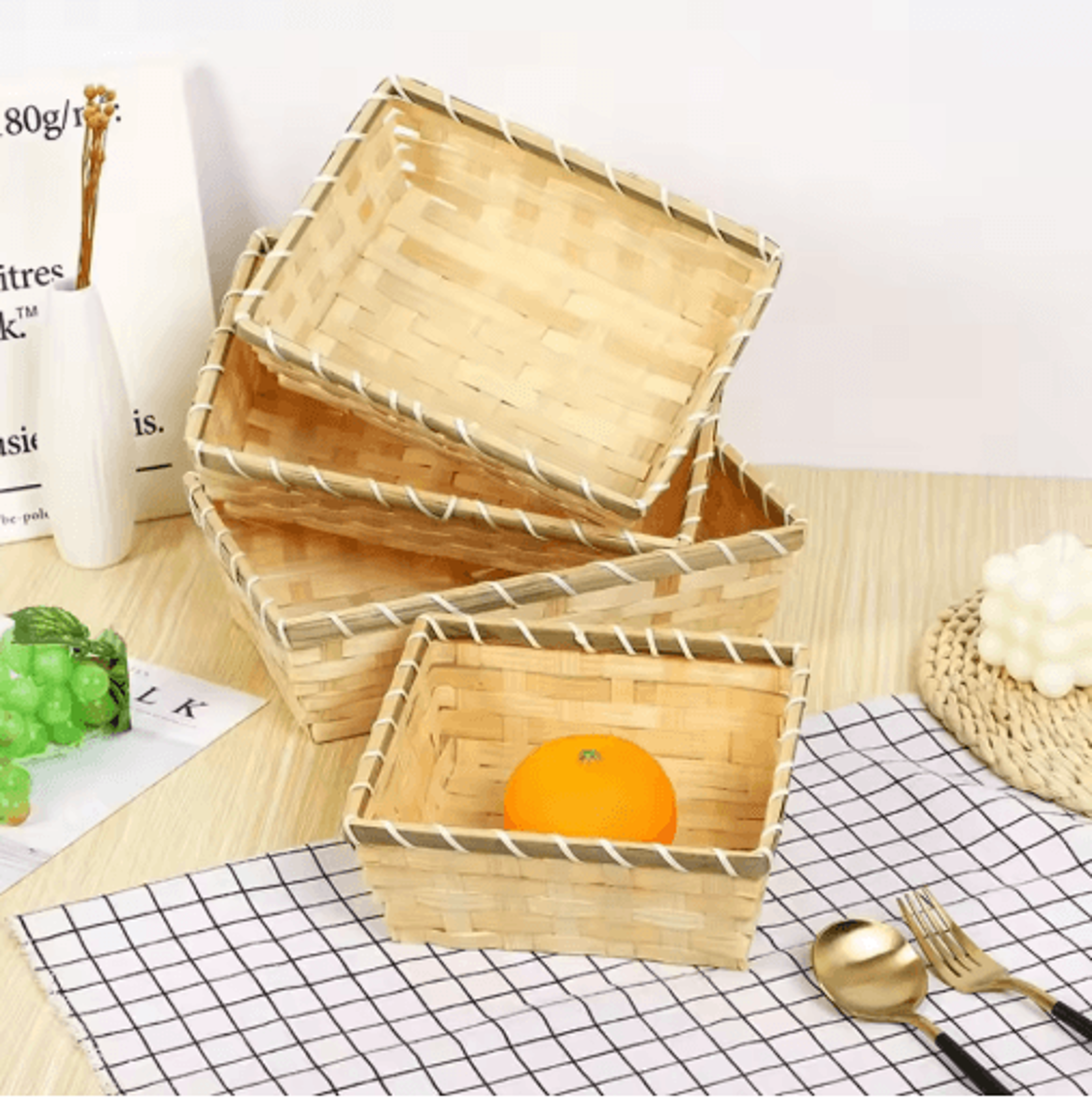 Handmade Woven Bamboo Bread Basket  Natural Wicker Storage  Display Basket For Home And Shop 8