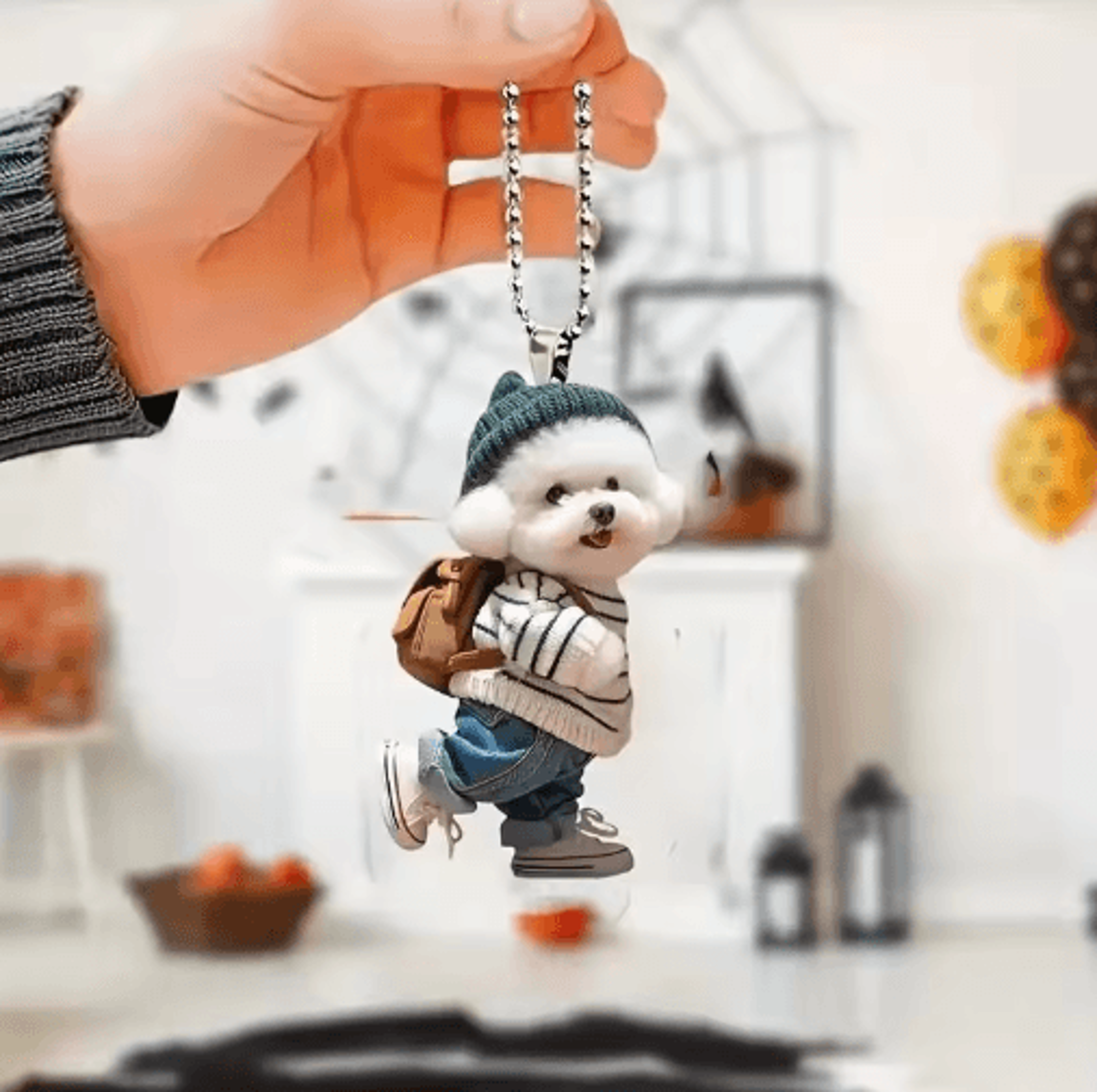 Realistic Cat Car Hanging Ornament  Rearview Mirror Pendant With Decorative Chain 1