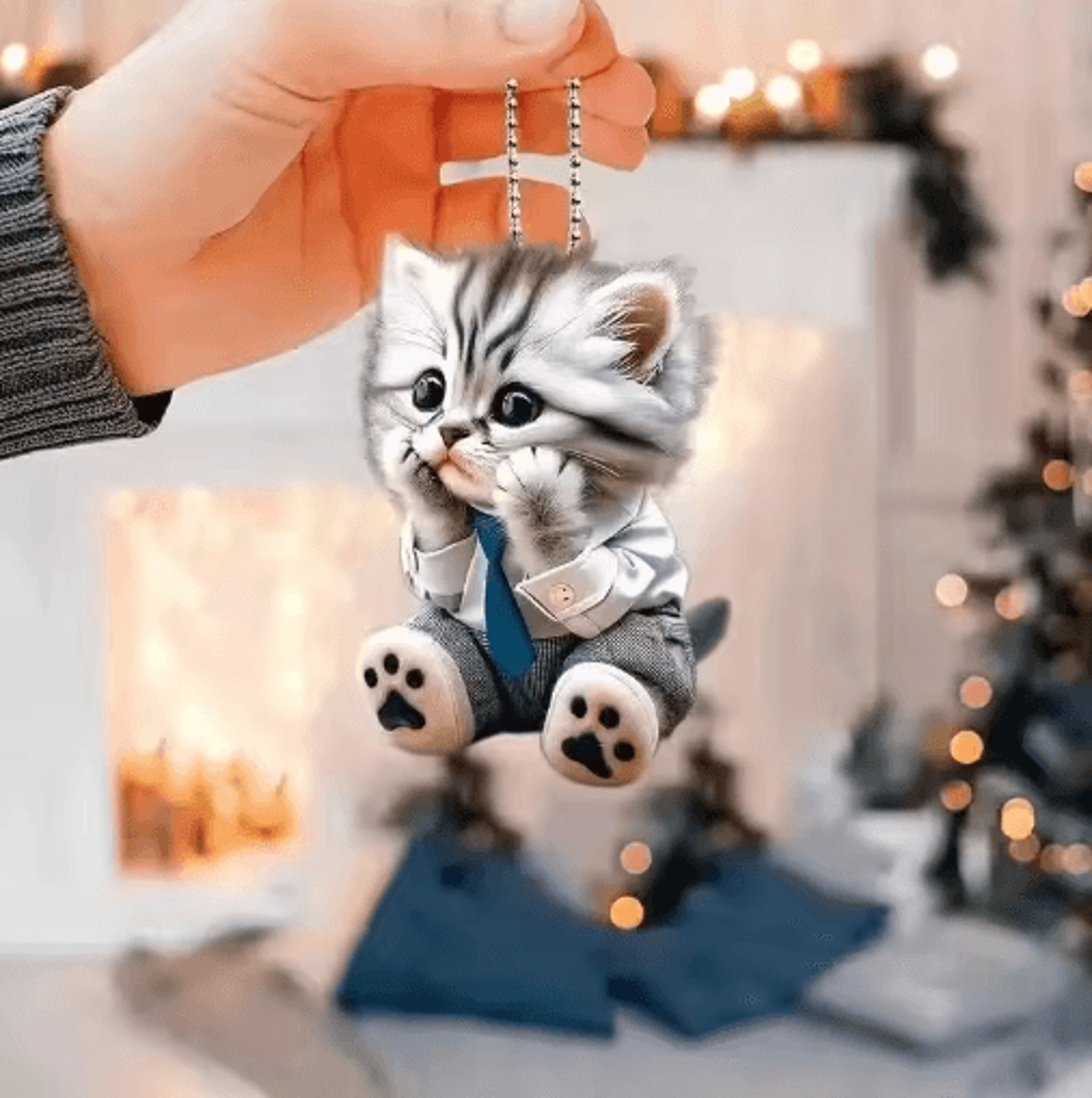 Realistic Cat Car Hanging Ornament  Rearview Mirror Pendant With Decorative Chain 6