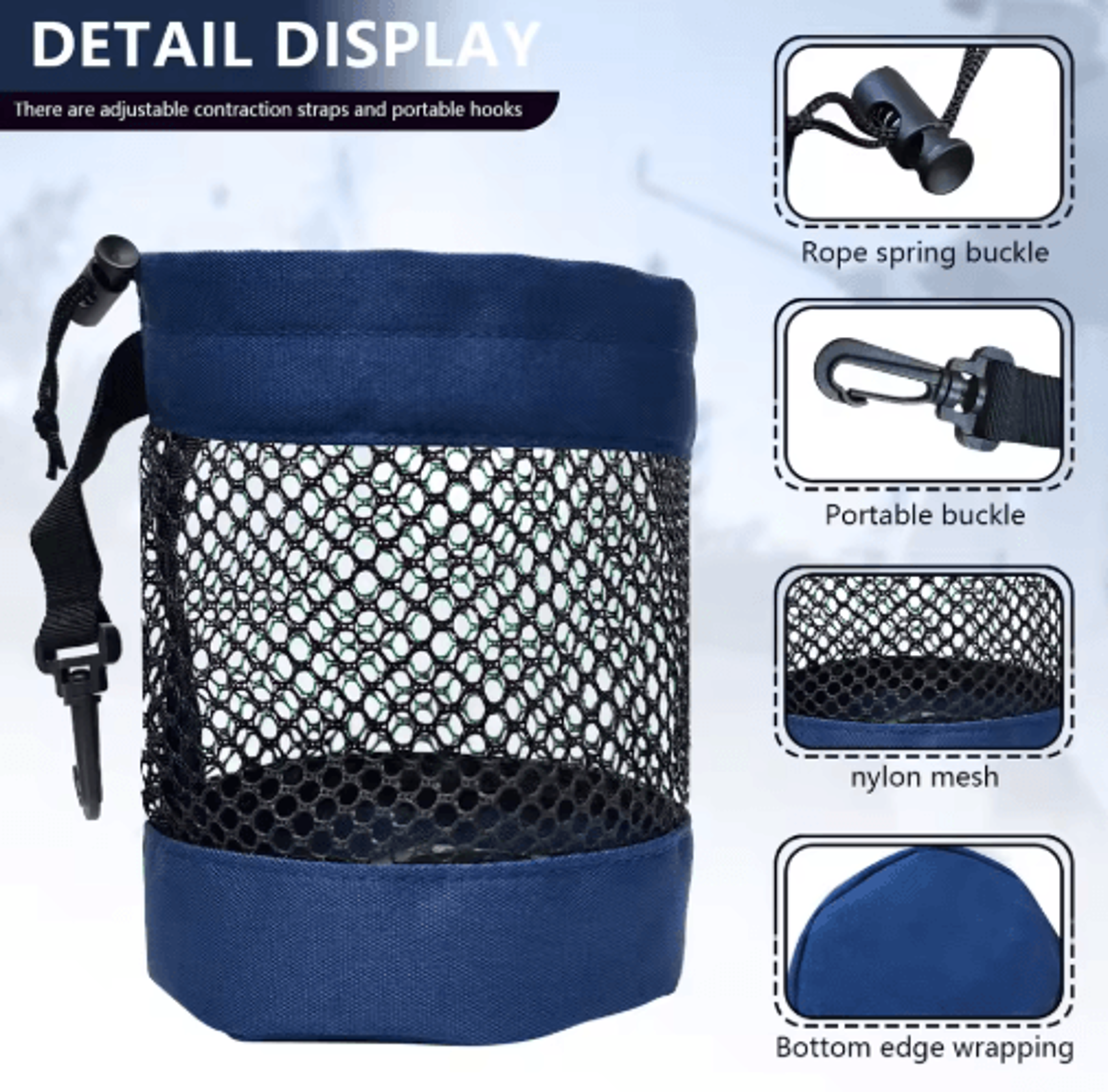 Black Mesh Golf Ball Pouch  Portable Nylon Storage Bag With Hanging Clip 10