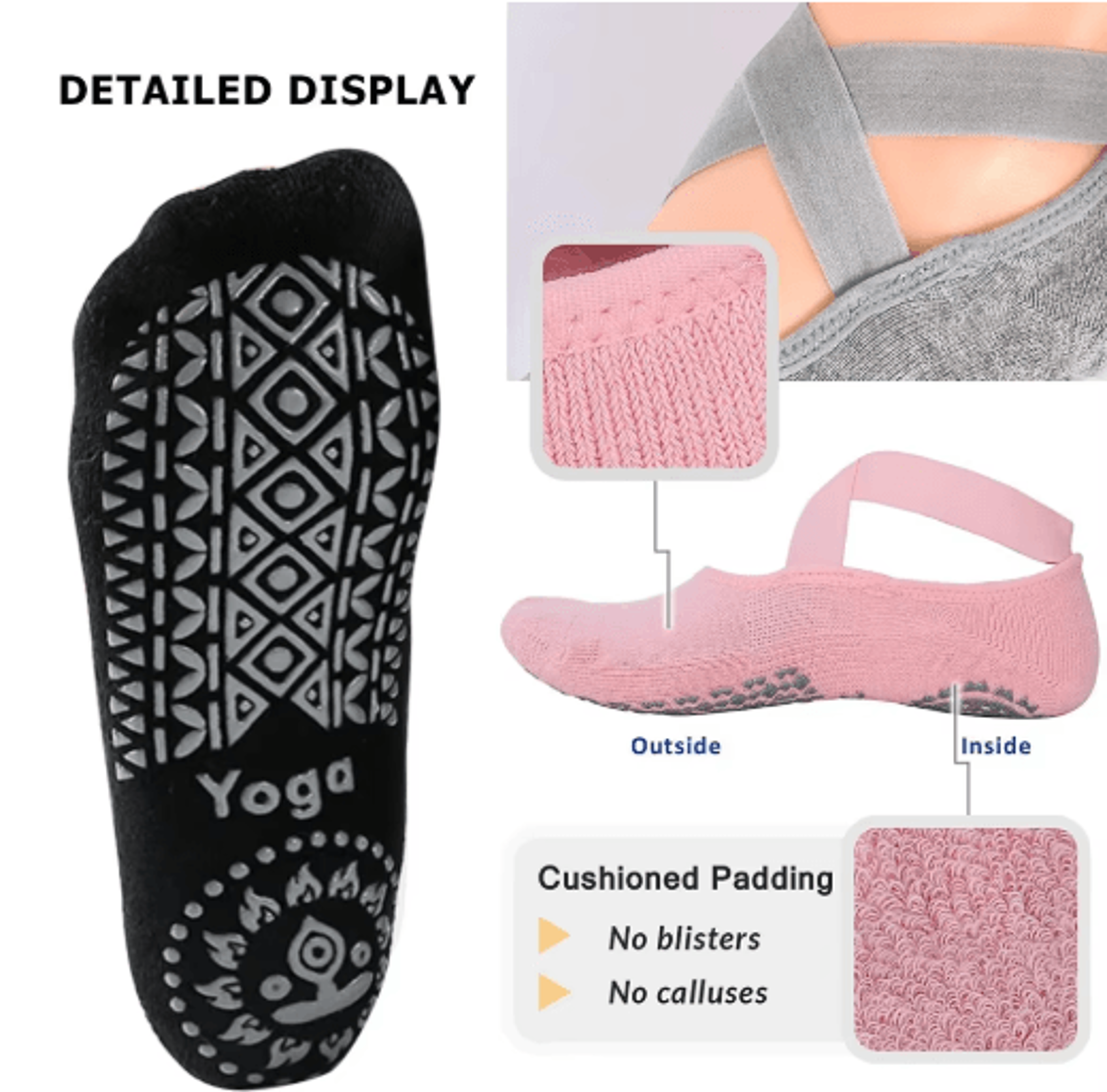 Womens NonSlip Yoga Grip Socks  Ballet  Pilates Socks With Secure Straps 6