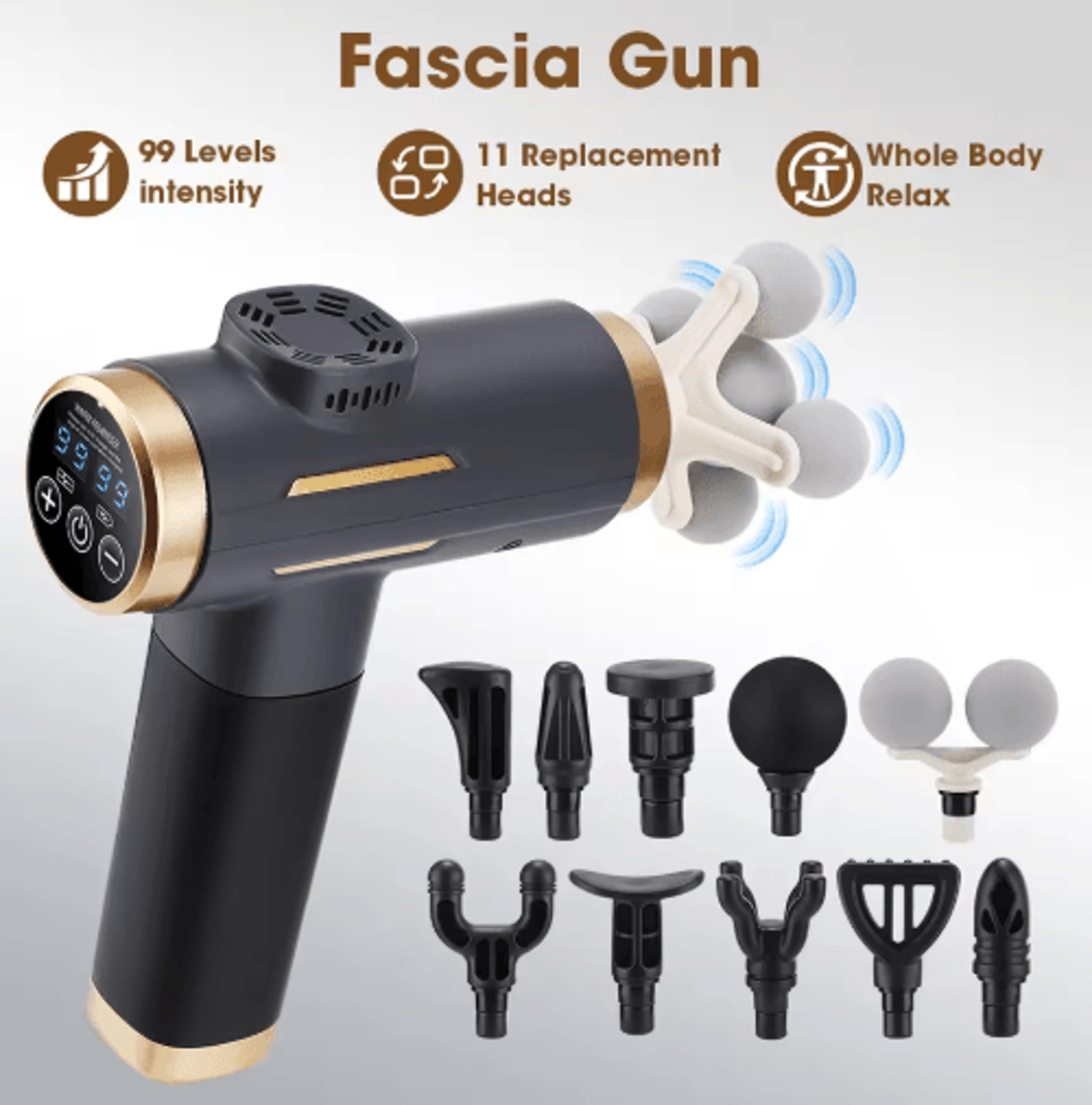 99Level Deep Tissue Massage Gun With LCD Display  11 Massage Heads 0