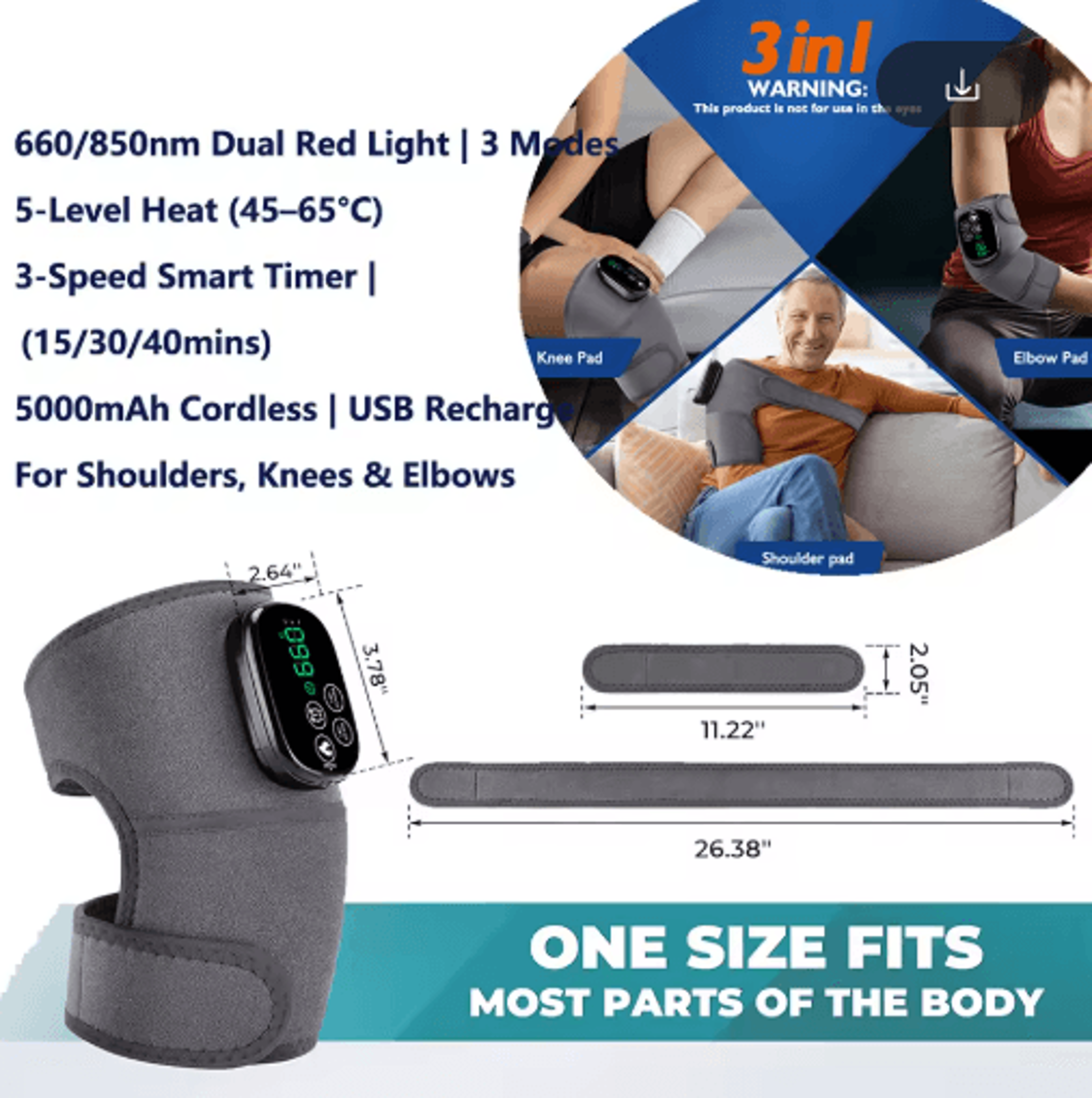3in1 Heated Joint Support Wrap For Knee Shoulder  Elbow With Hot Compress Therapy 3