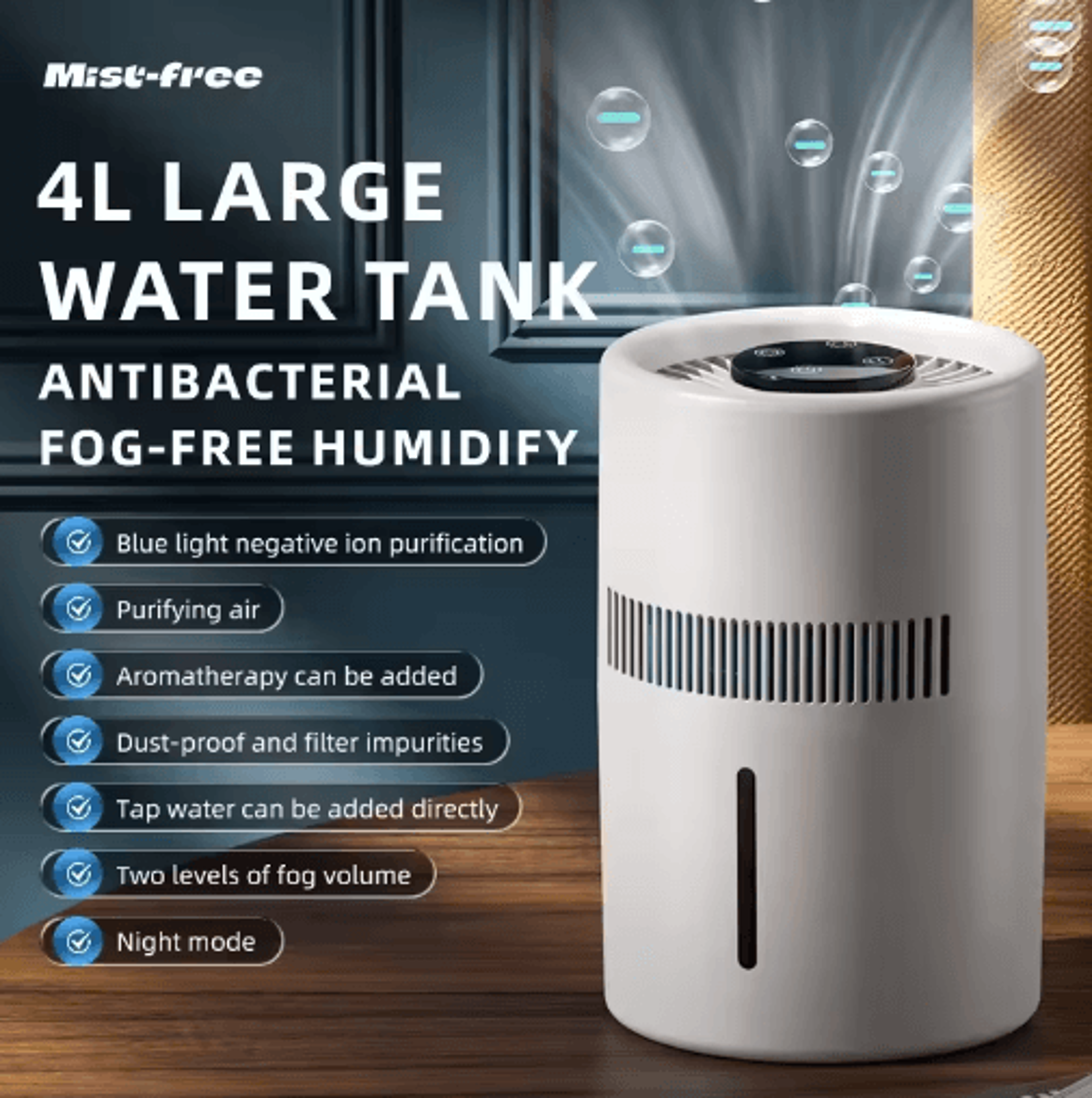 4L MistFree Humidifier With Negative Ion Purification  USB TouchControl Humidifier With Aromatherap 0