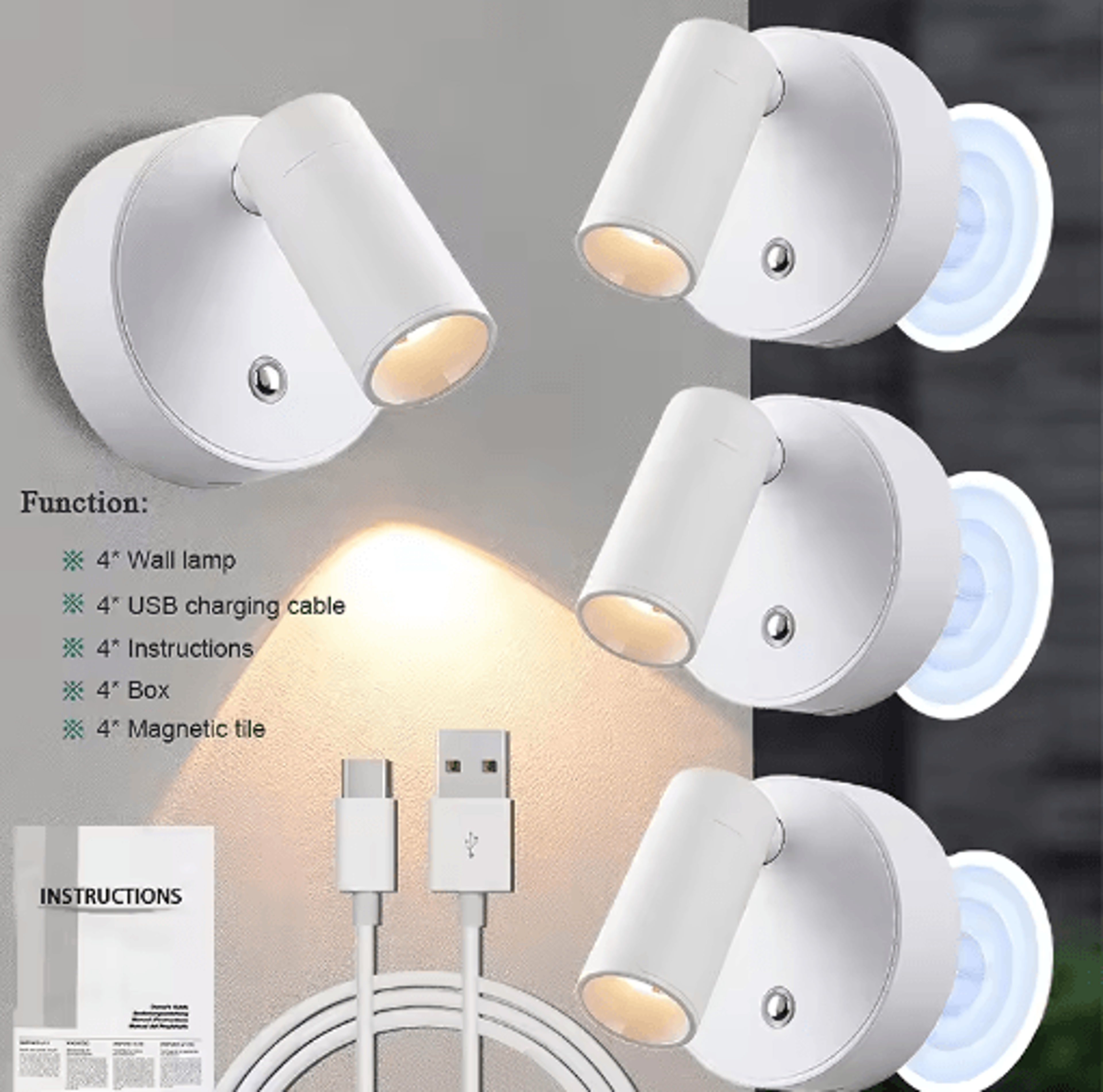 4PCS Rechargeable Magnetic LED Wall Lights  350 Rotatable Touch Dimmable Bedside Lamps 5