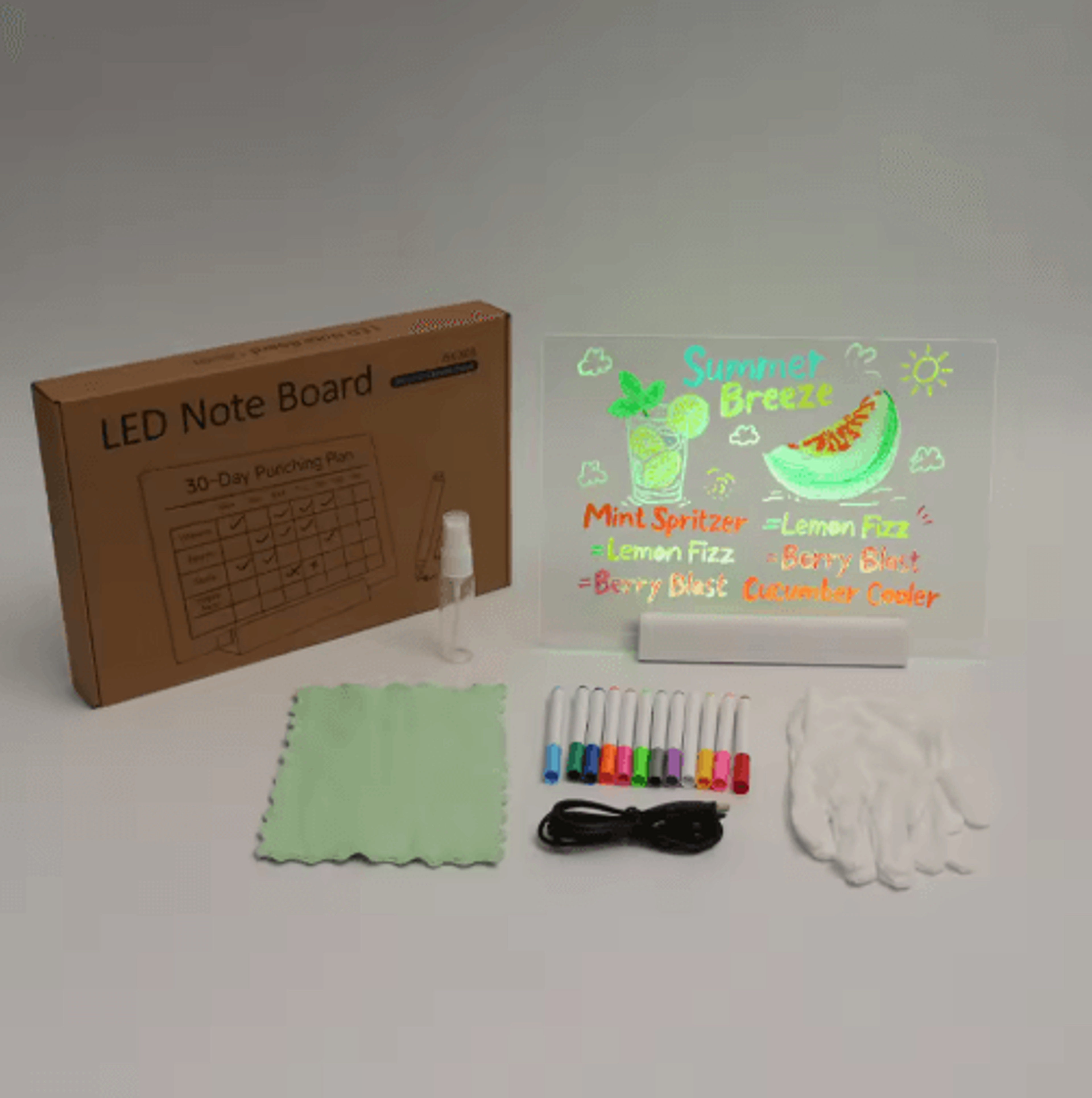 Rechargeable RGB LED Acrylic Note Board  Erasable Drawing  Message Board With 7 Color Pens 1