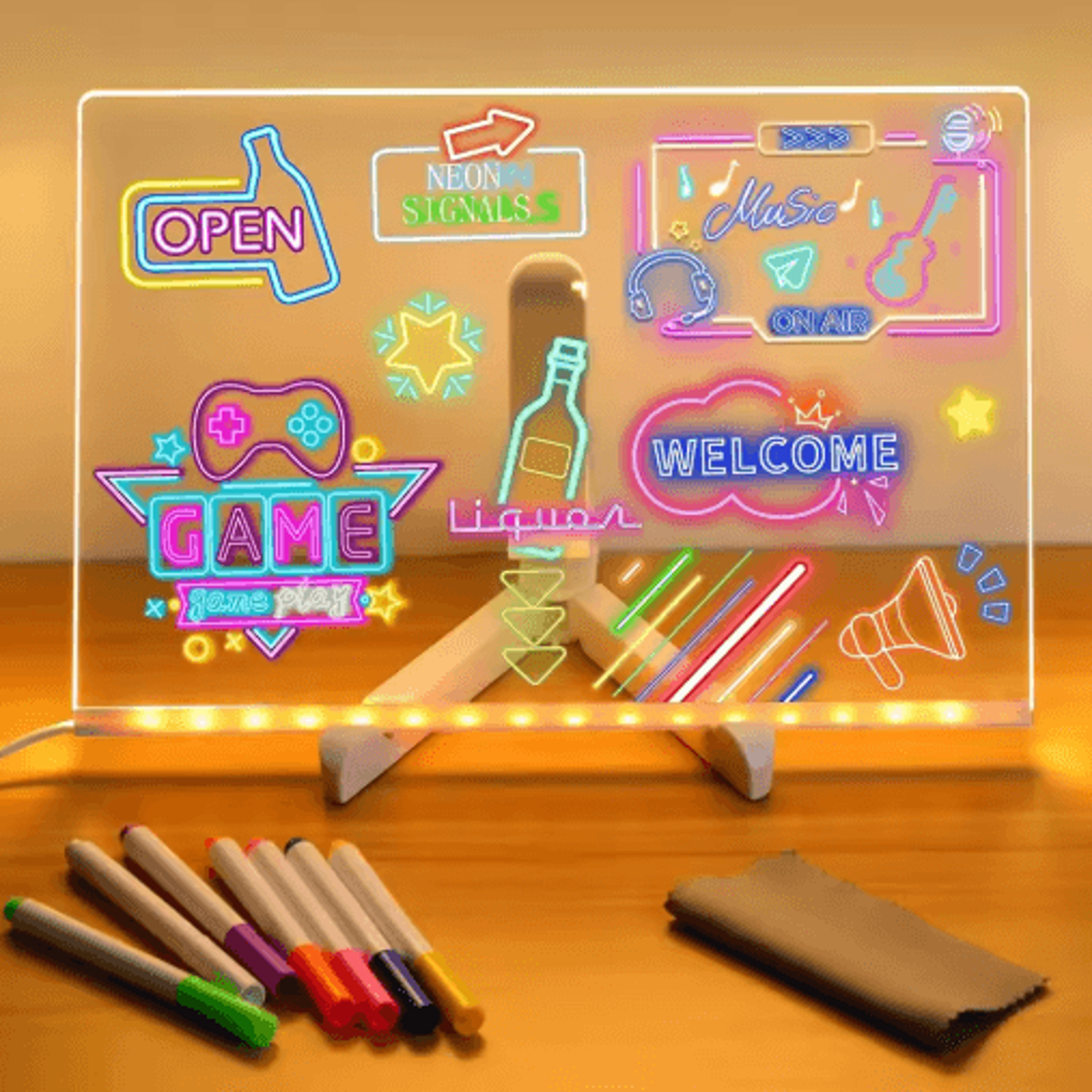 Rechargeable RGB LED Acrylic Note Board  Erasable Drawing  Message Board With 7 Color Pens 6