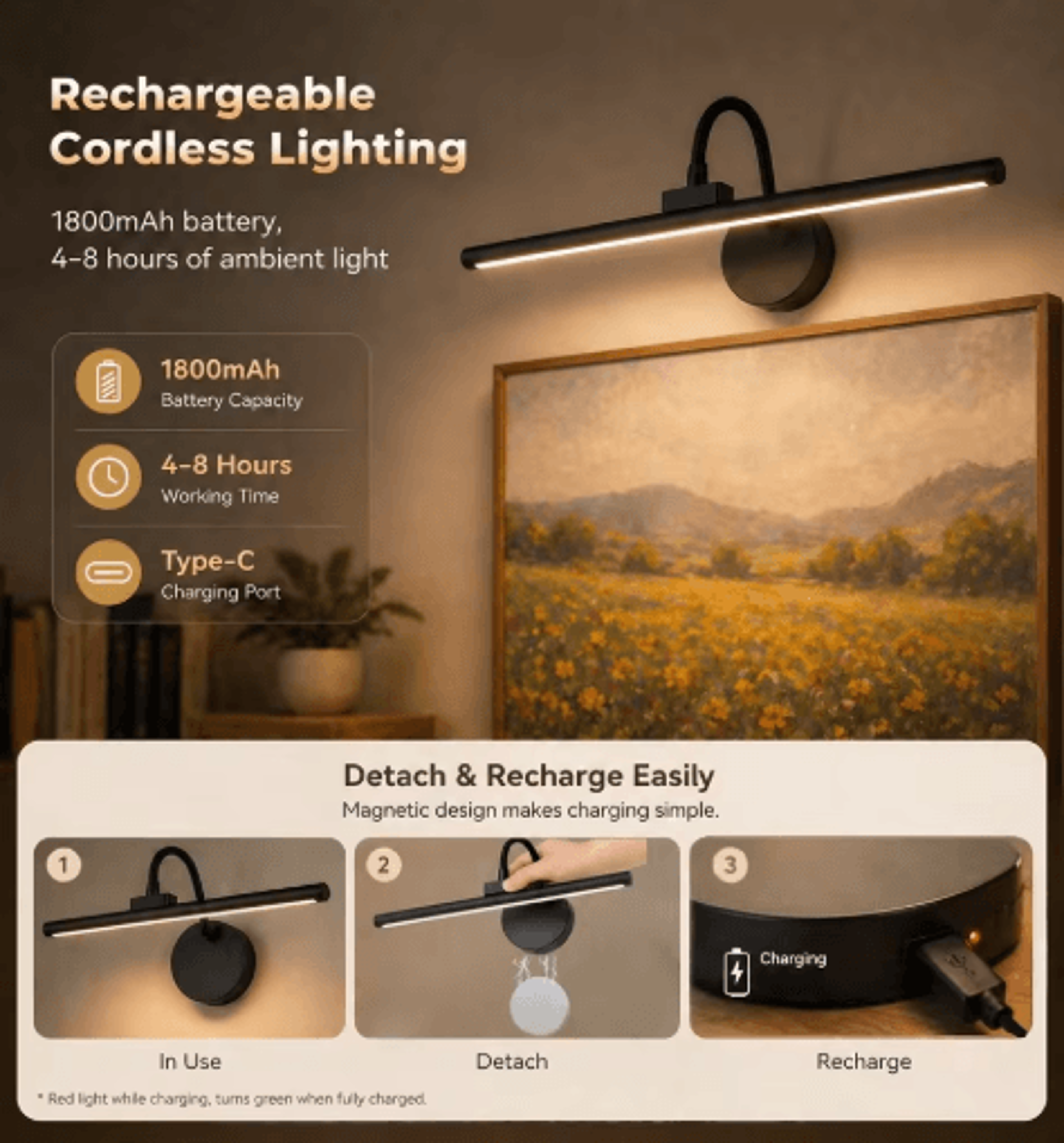 Rechargeable Wireless LED Picture Light  360 Magnetic Wall Lamp With Remote  3Color Dimmable Lighti 6
