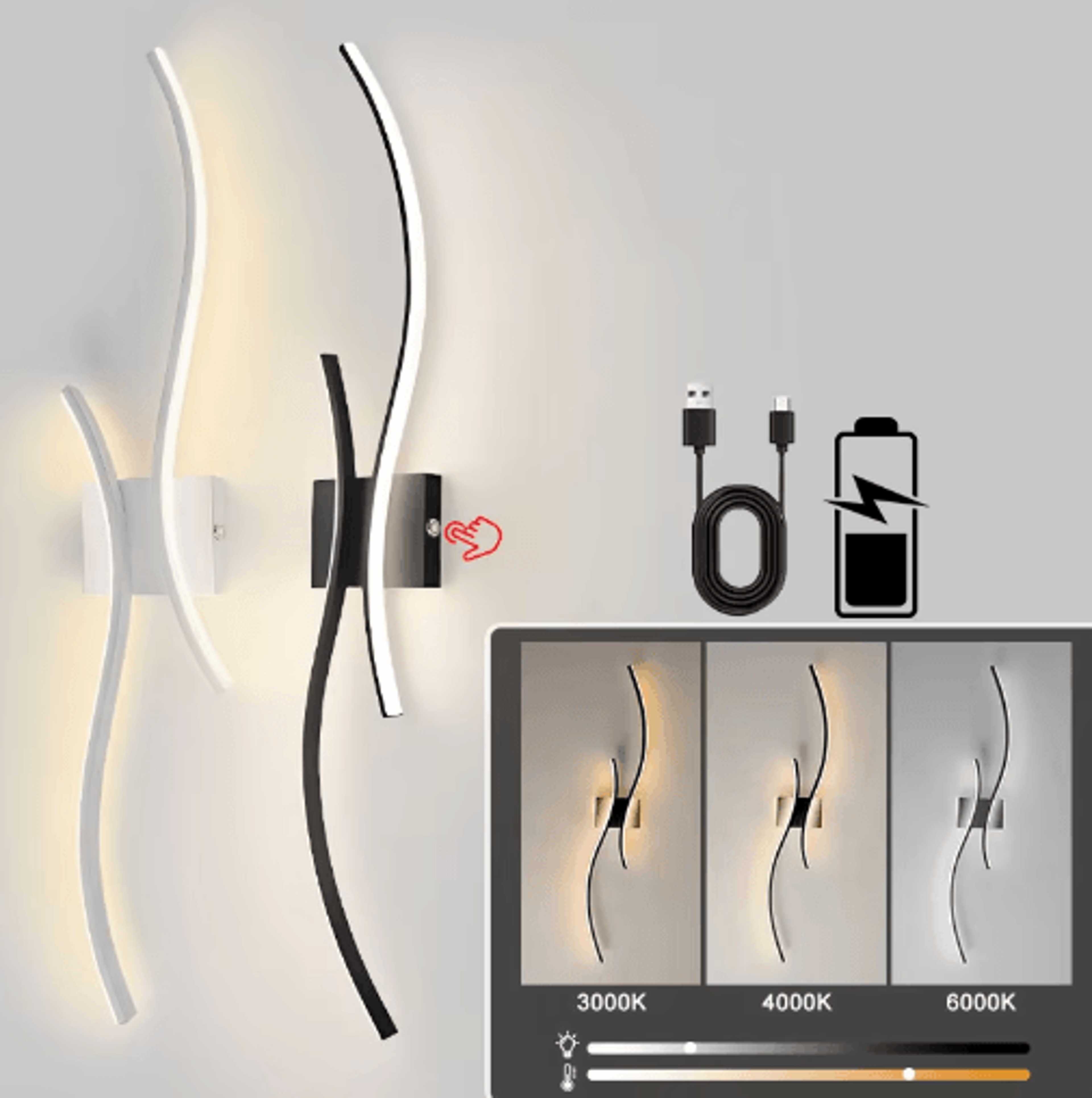 Wireless Rechargeable LED Wall Sconce  3CCT Touch Dimmable Wall Light With Remote Control 0