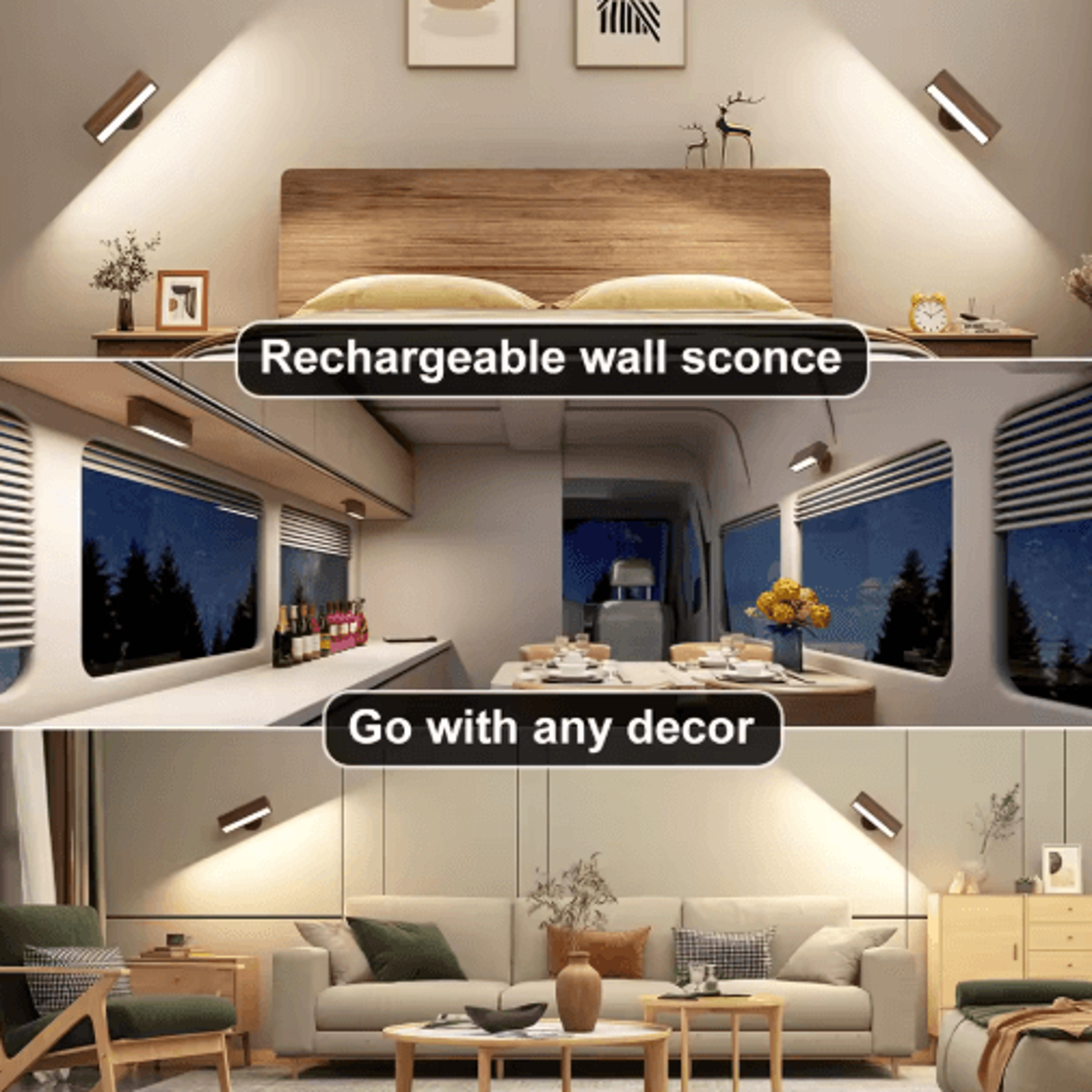 2Pack Nordic Solid Wood LED Wall Sconces  Rechargeable 360 Rotating Dimmable Touch Reading Lights 3