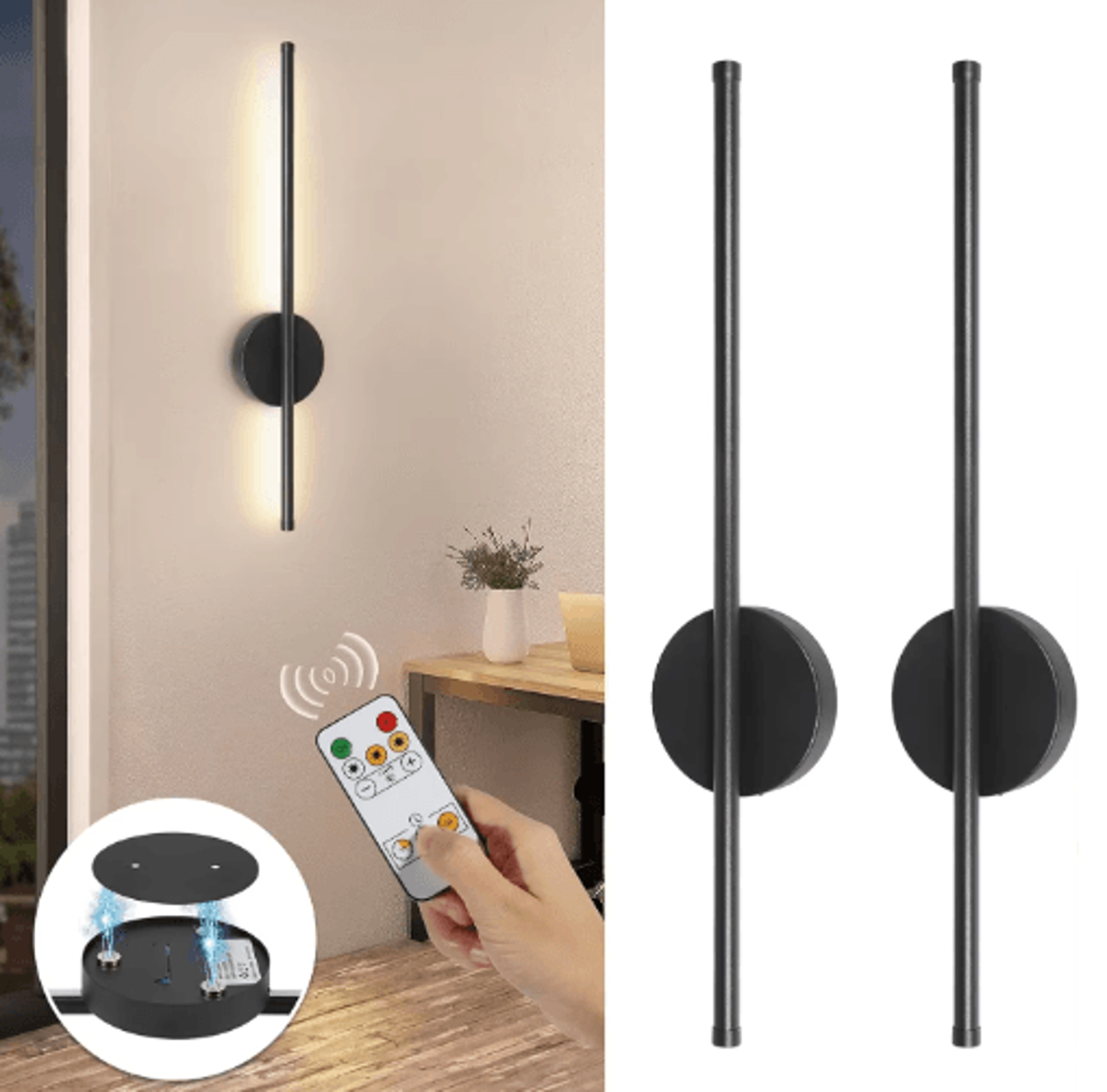 2Pack Rechargeable Black Wall Sconces  Wireless Battery Operated Dimmable LED Lamps With Remote Con 0