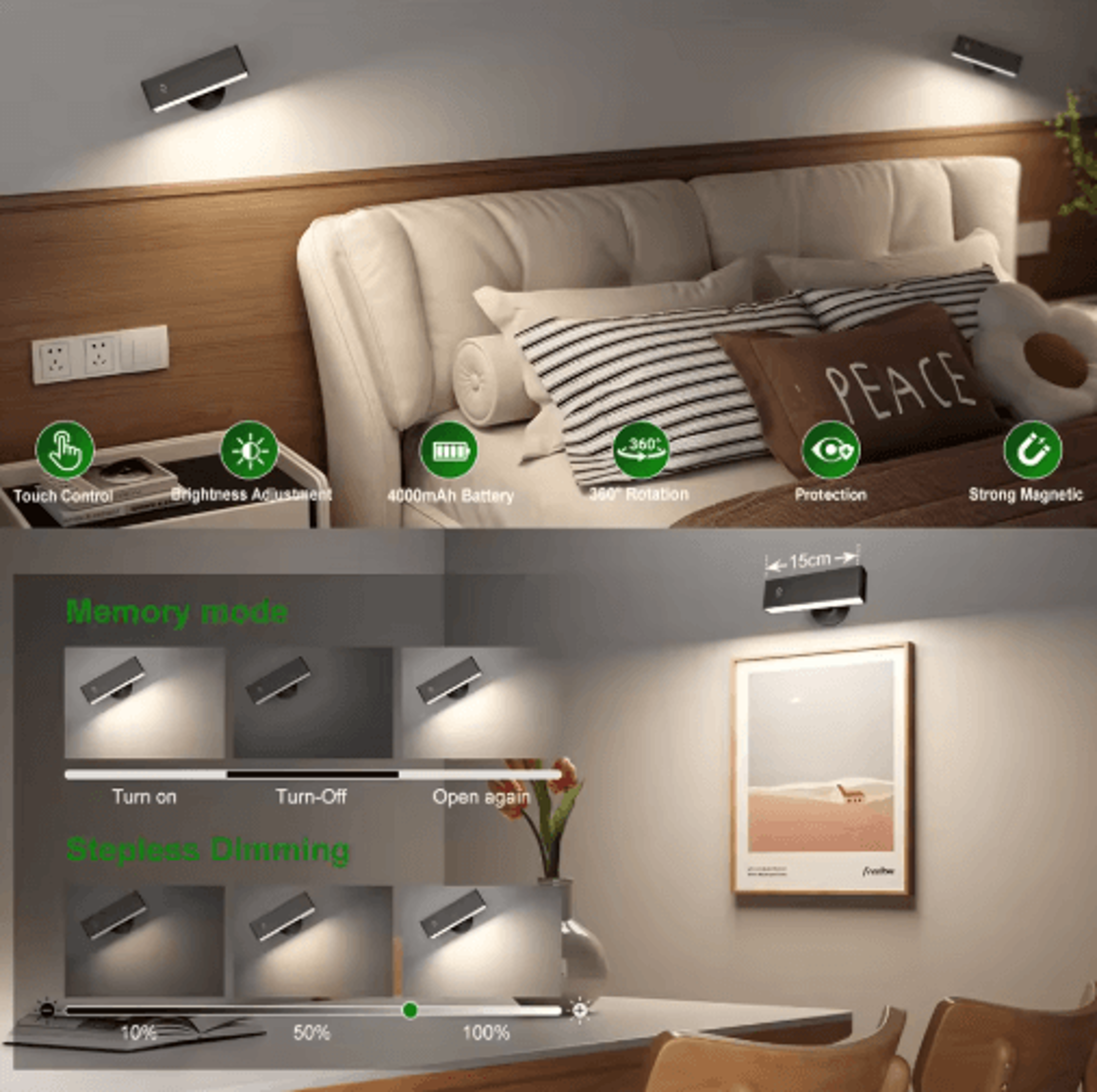 Magnetic Rechargeable LED Reading Light  360 Rotating Touch Dimmable Cordless Wall Lamp 8