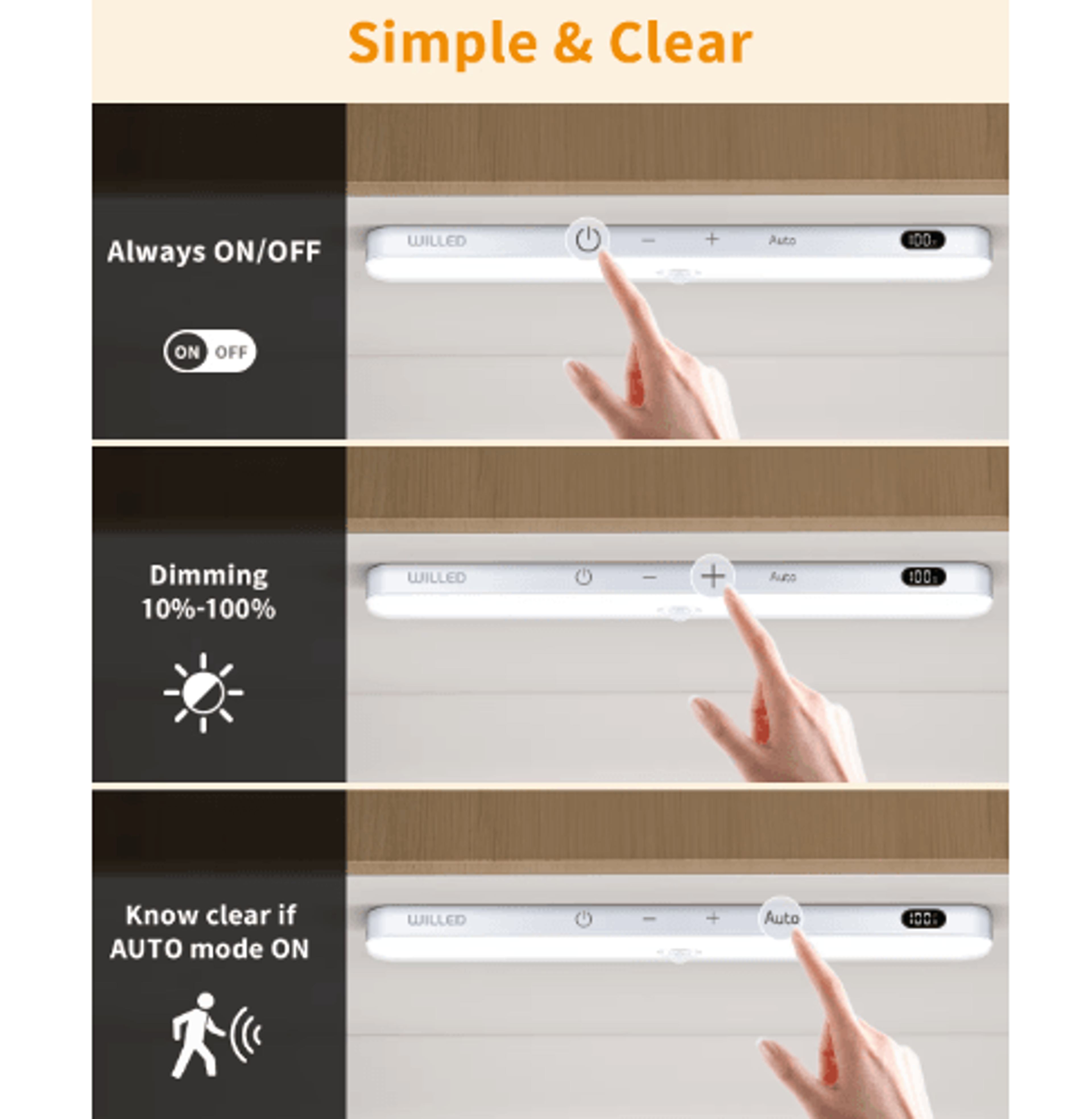 WILLED 60LED Rechargeable Under Cabinet Light  Motion Sensor Touch Light Bar With Battery Display 7