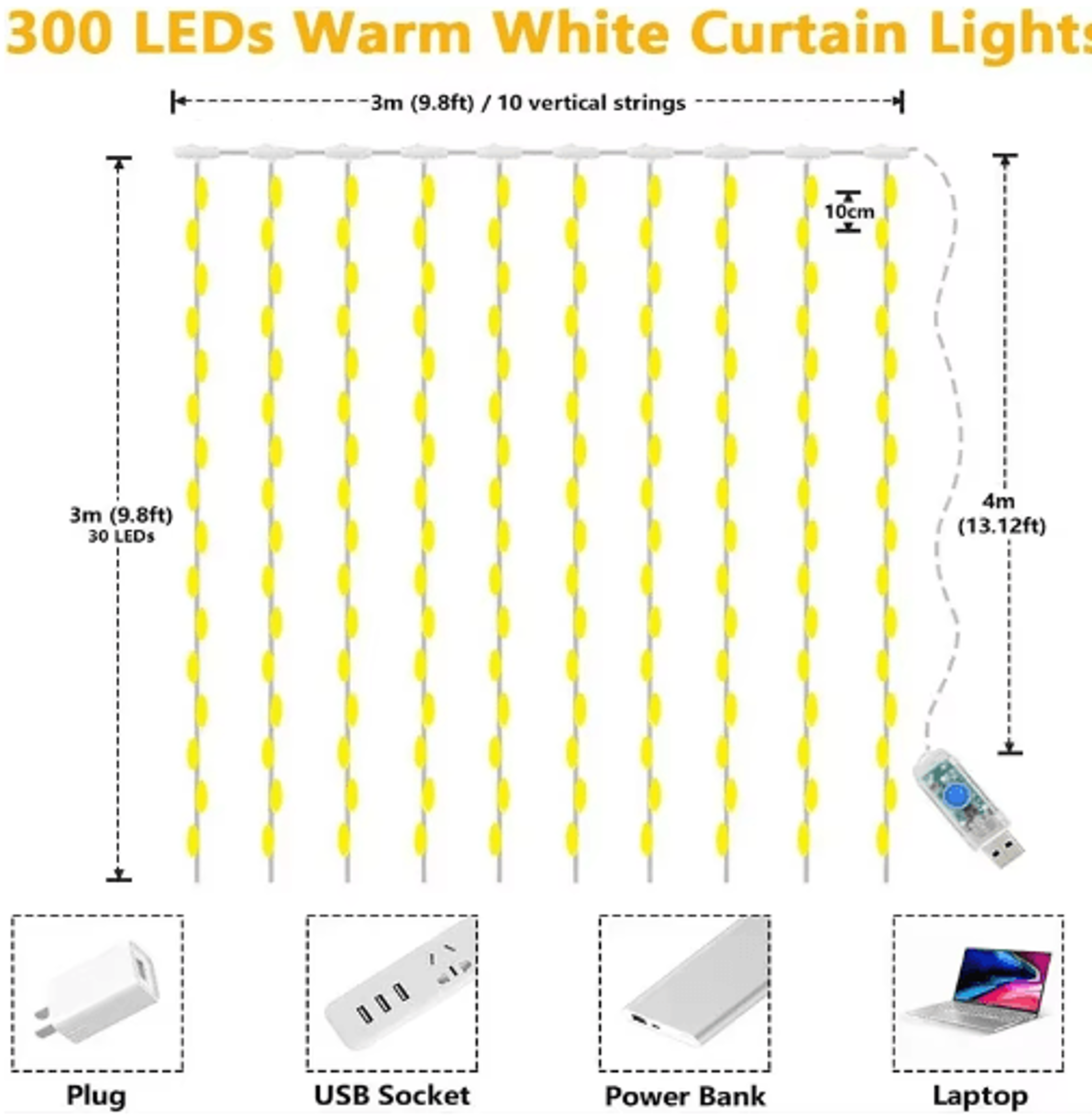 3M LED Curtain Fairy String Lights  USBPowered 8Mode Holiday Garland For Weddings  Parties 4