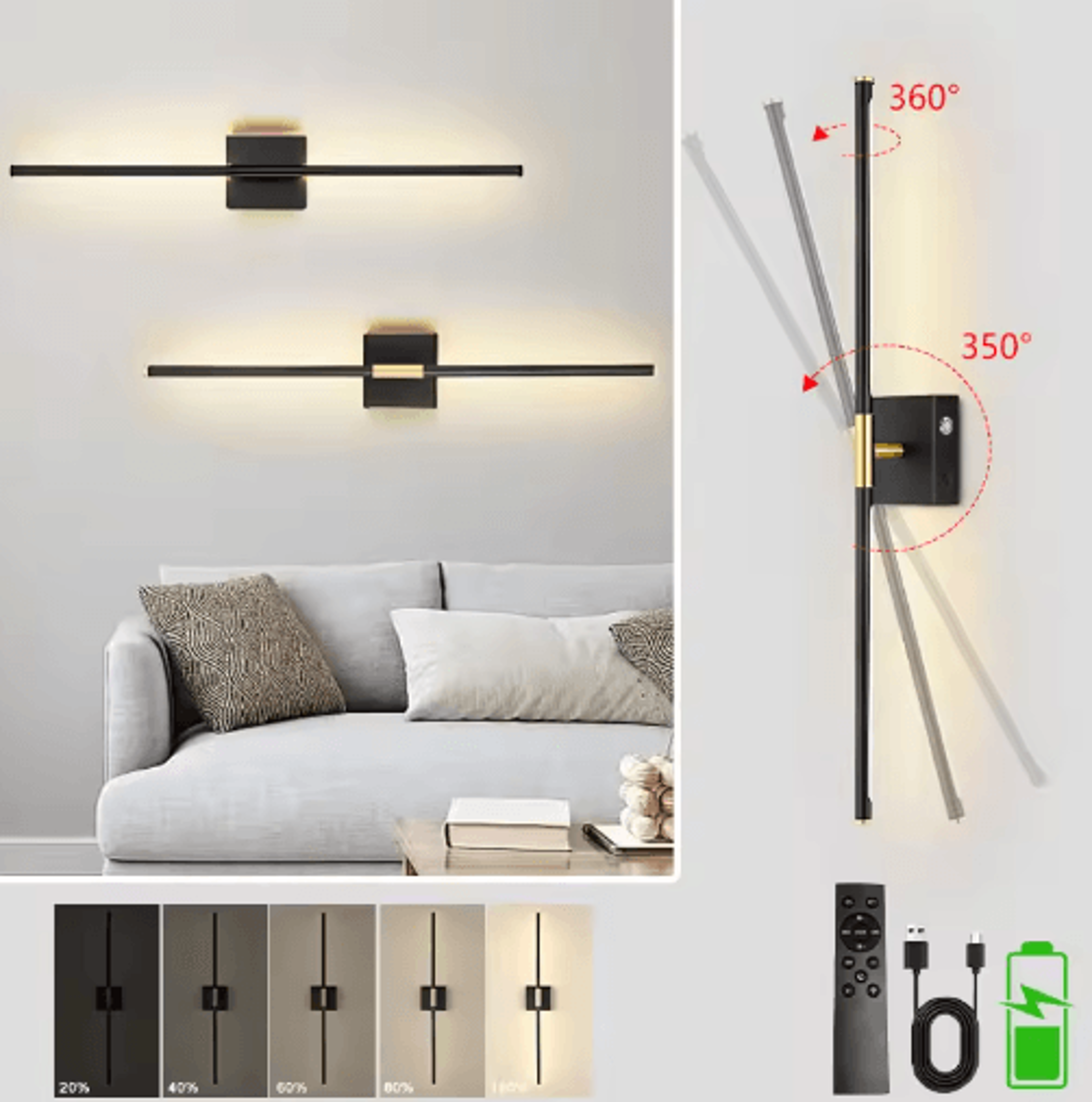 350 Rotatable Rechargeable LED Wall Lamp  Wireless Dimmable Sconce With Remote  Touch Control 0