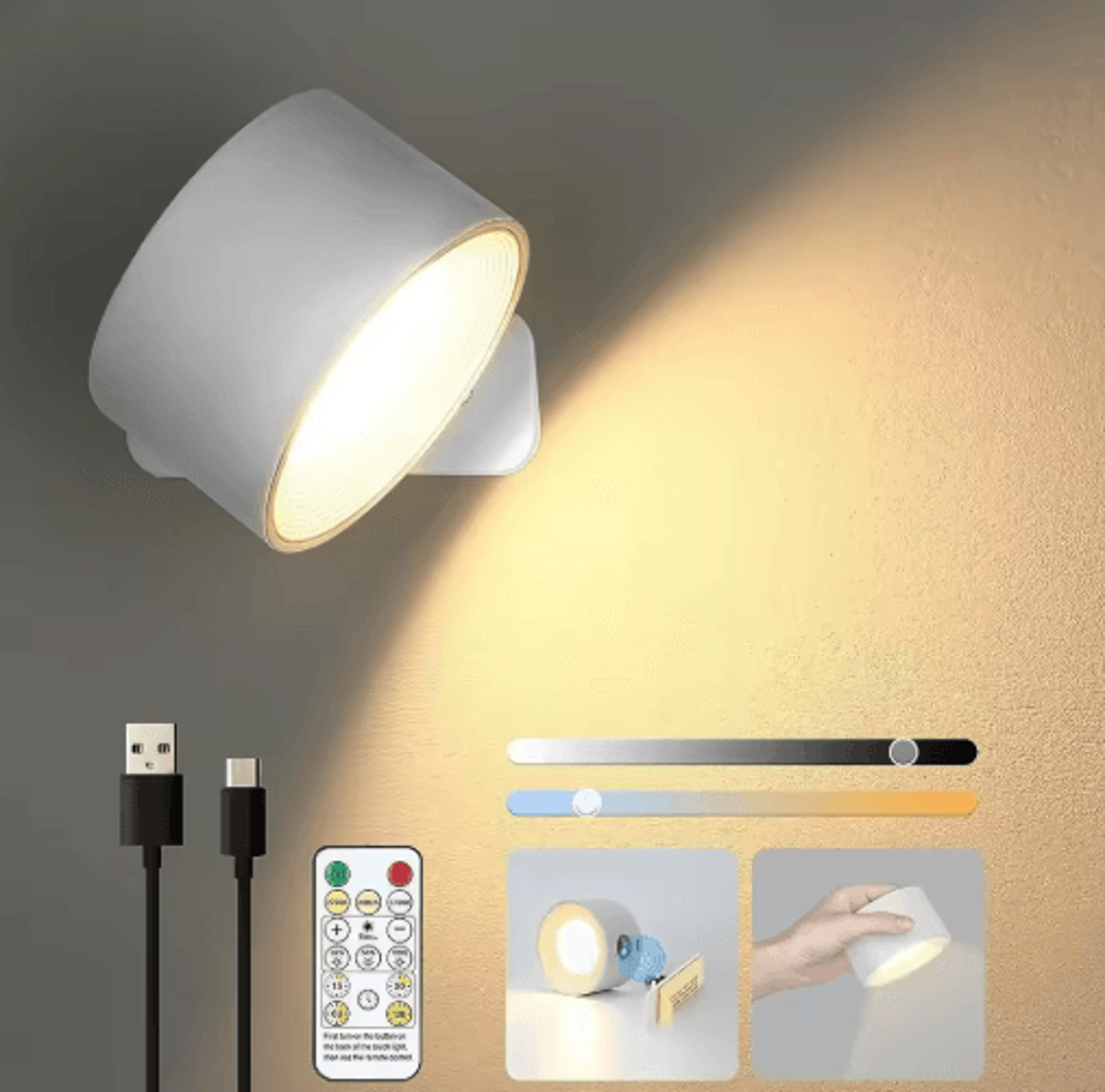 USB Rechargeable Magnetic LED Wall Lamp  Touch  Remote Control Cordless Bedside Reading Light 1