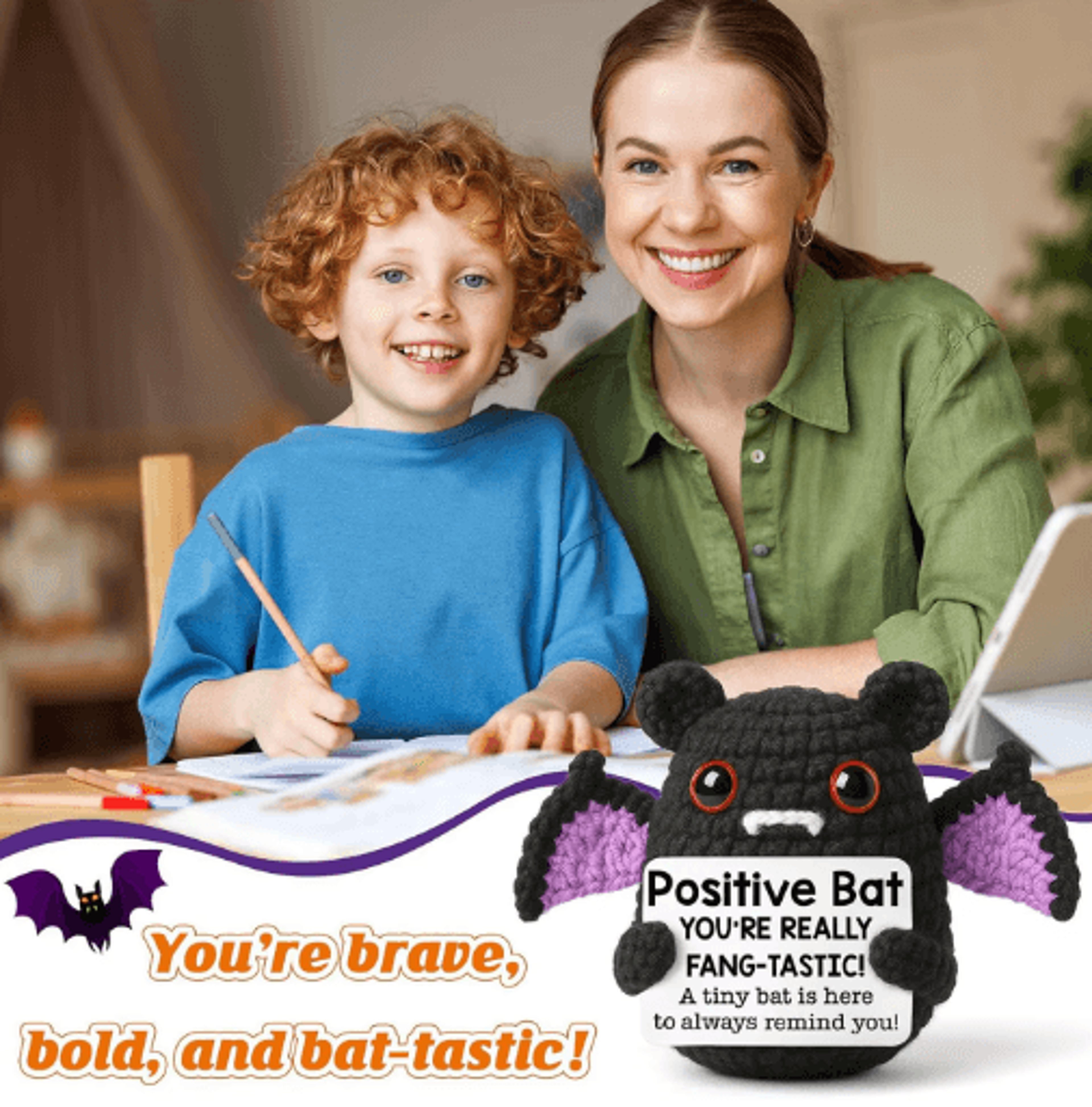 Handmade Positive Bat Doll With Message Card  Knitted Halloween Bat Ornament  Cute Room Decor Gift 6