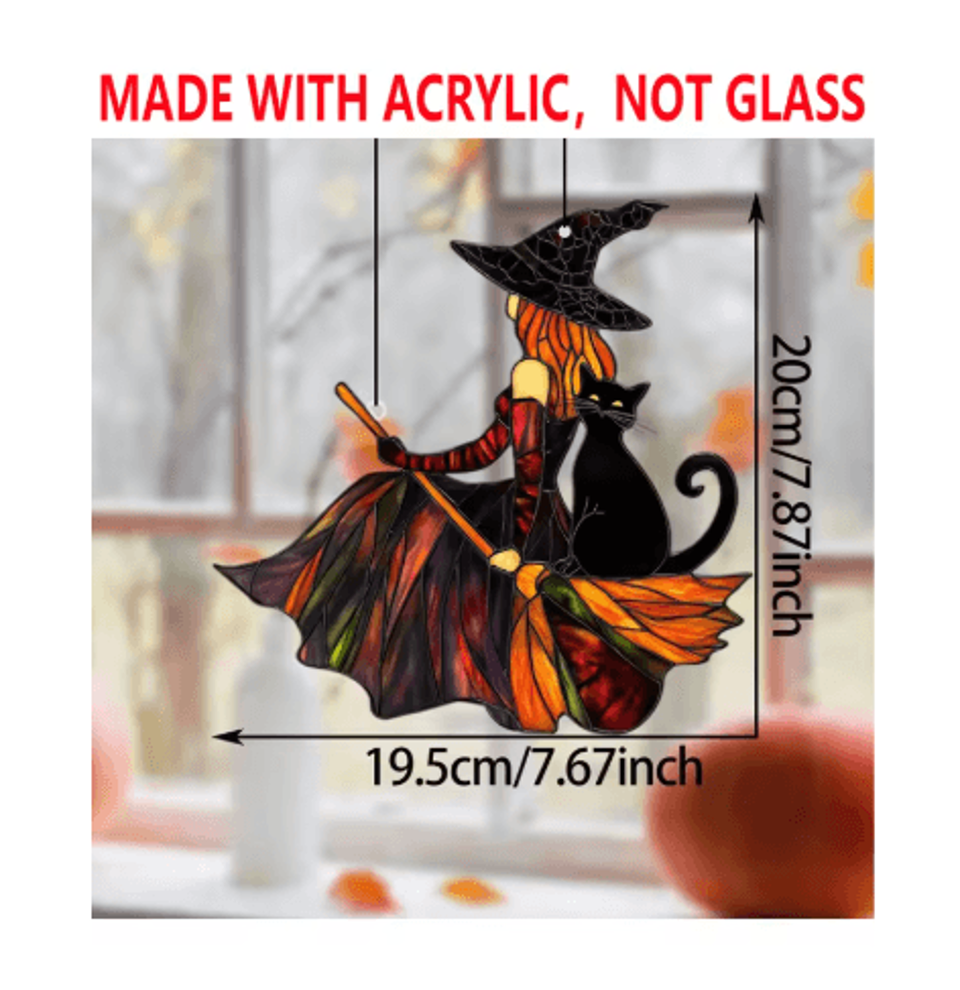 Gothic Witch  Black Cat Acrylic Suncatcher  Halloween Window Hanging Ornament With Broom Design 1