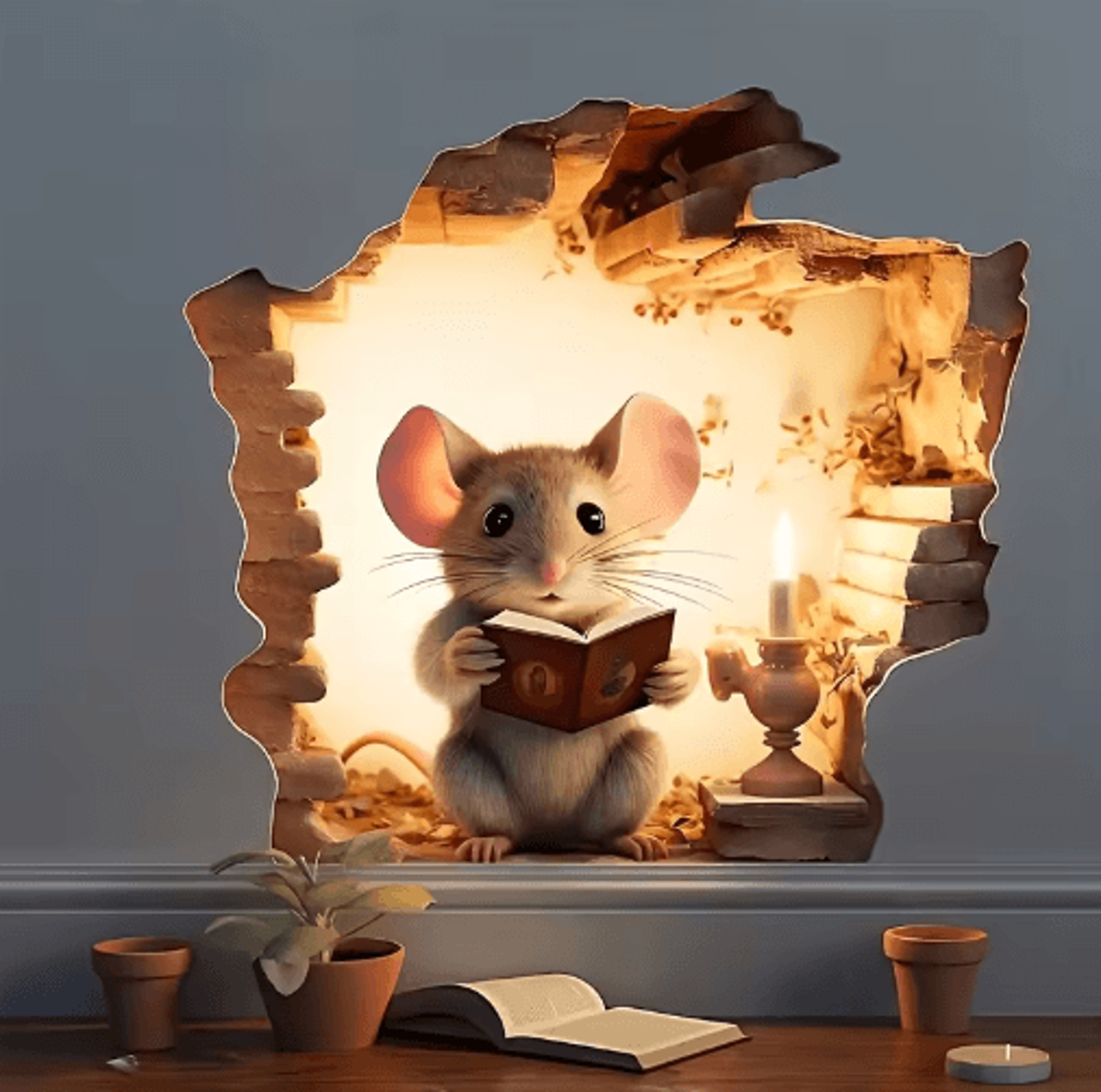 3D Reading Mouse Wall Sticker  Cute Removable Vinyl Animal Decal 1