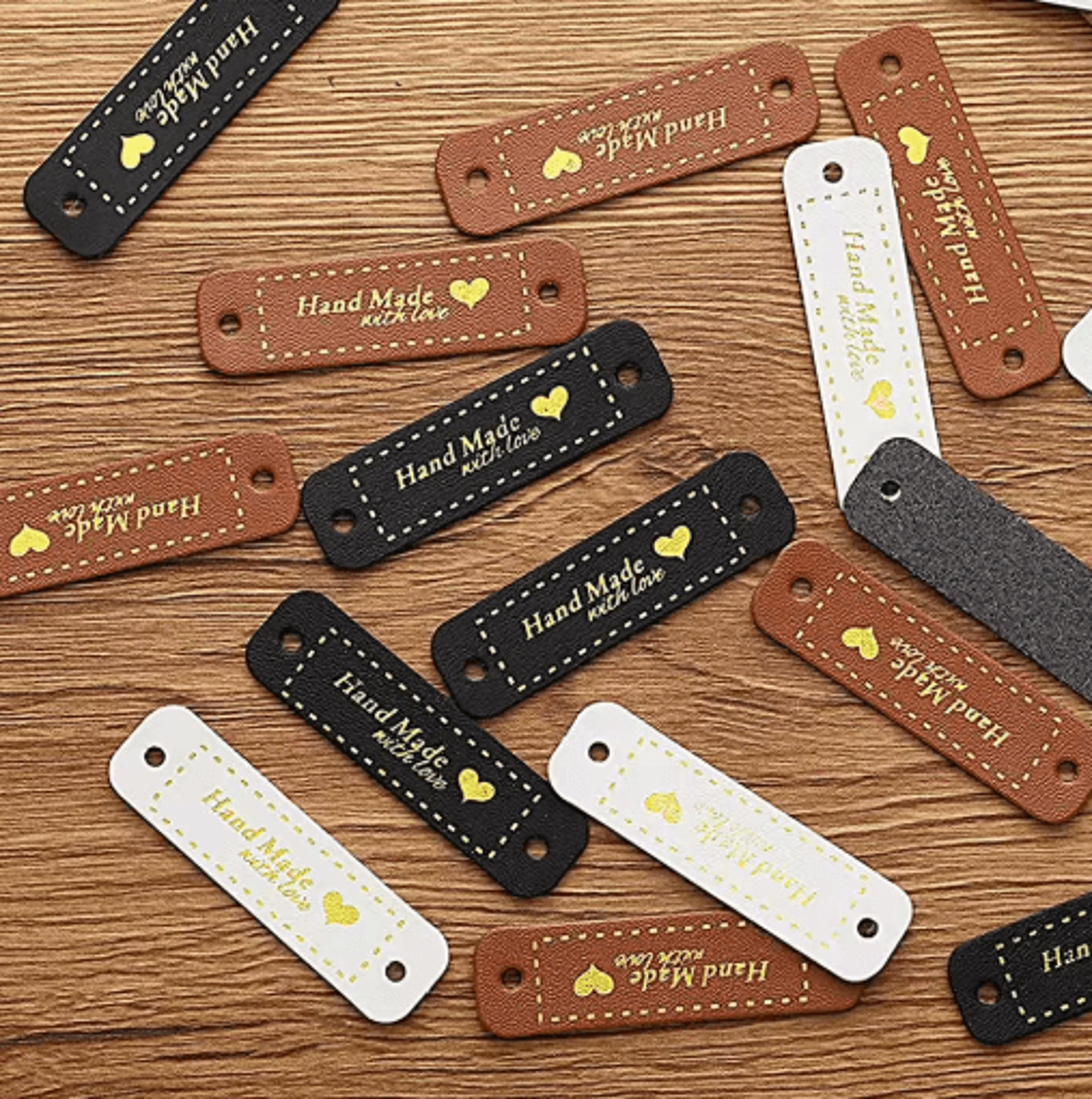 30PCS Handmade PU Leather Heart SewOn Labels 0