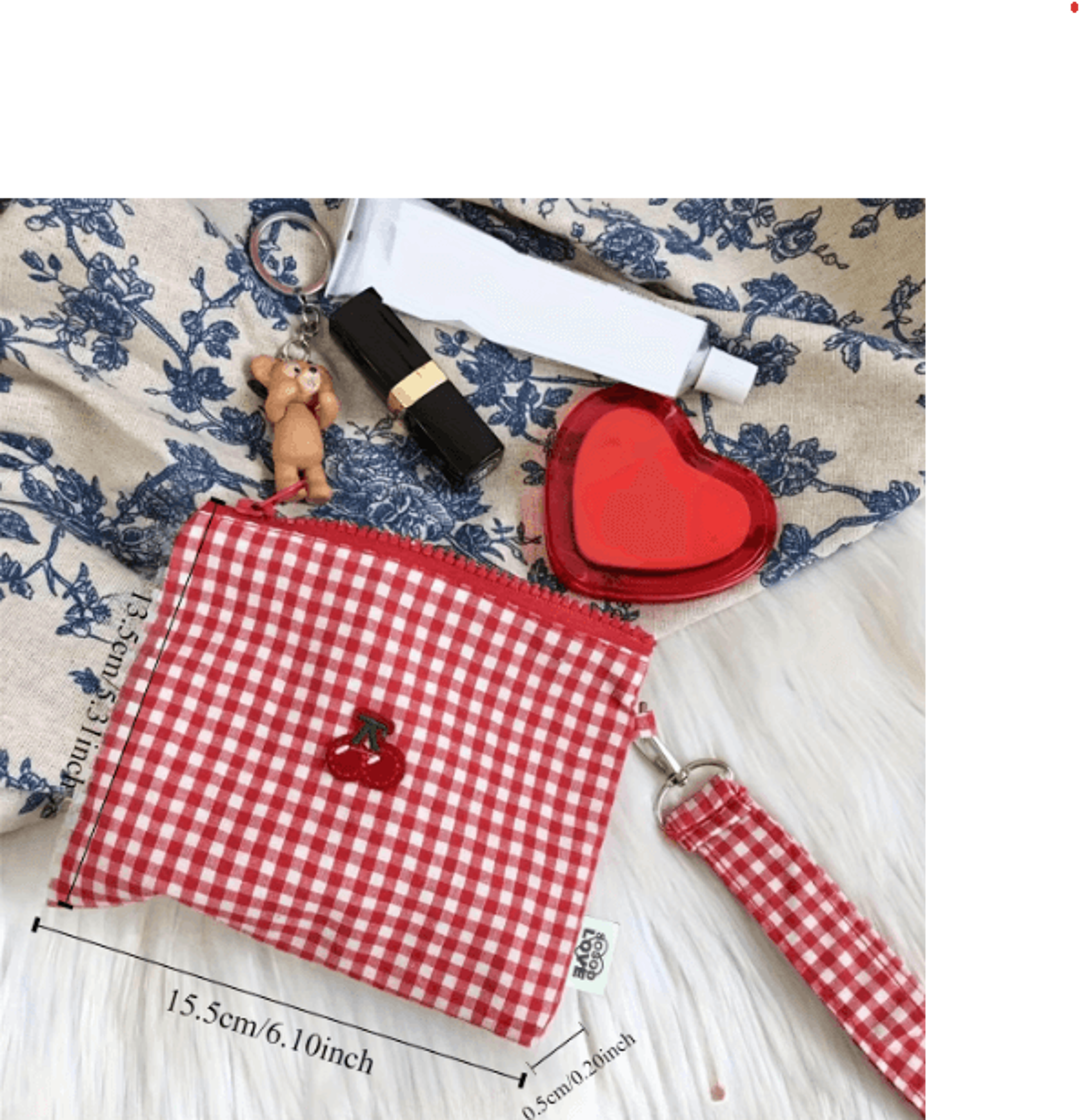 Red Cherry Canvas Makeup Bag  Large Capacity Plaid Cosmetic Pouch 5