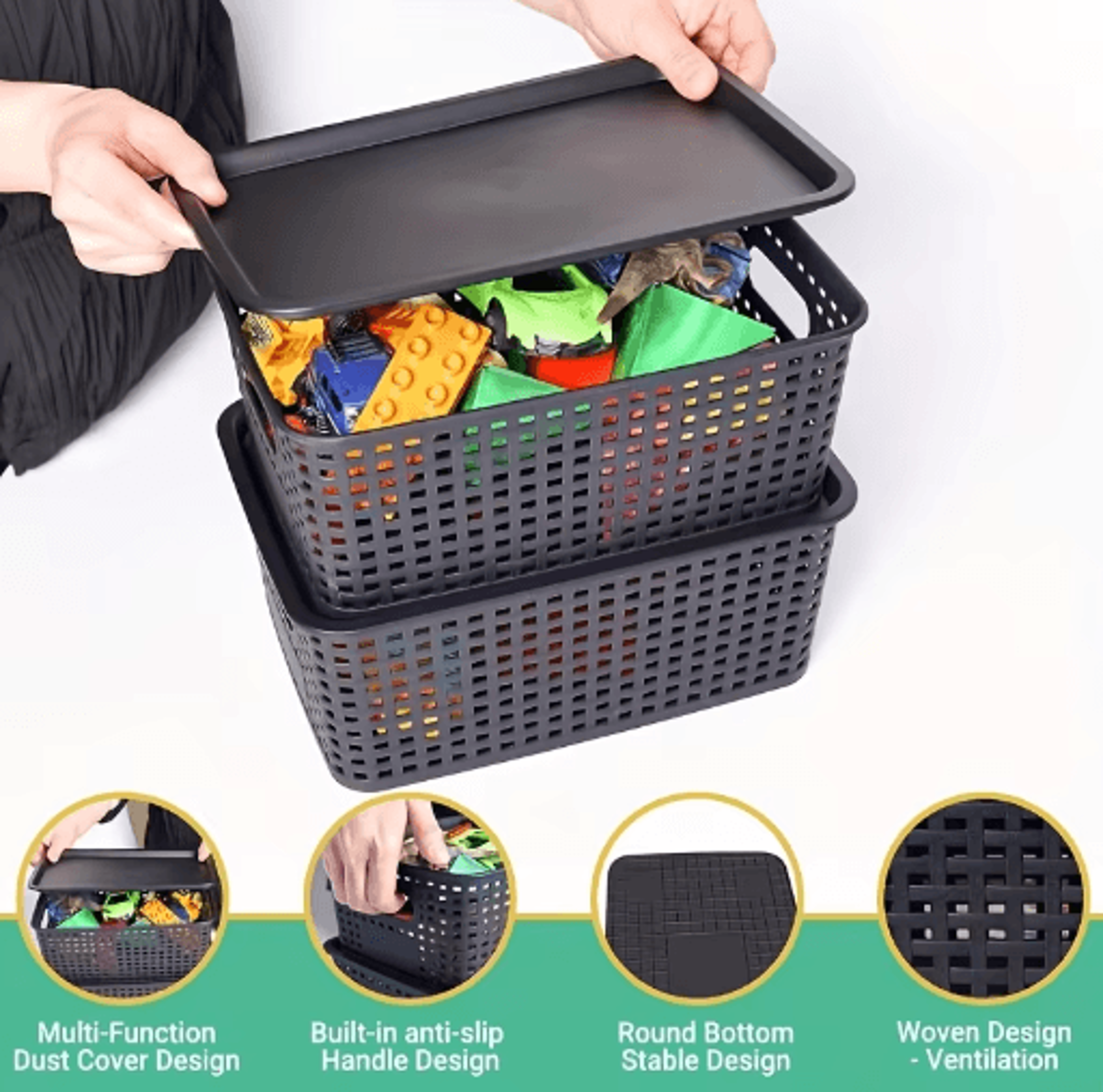 Modern Stackable Plastic Storage Basket With Lid 5