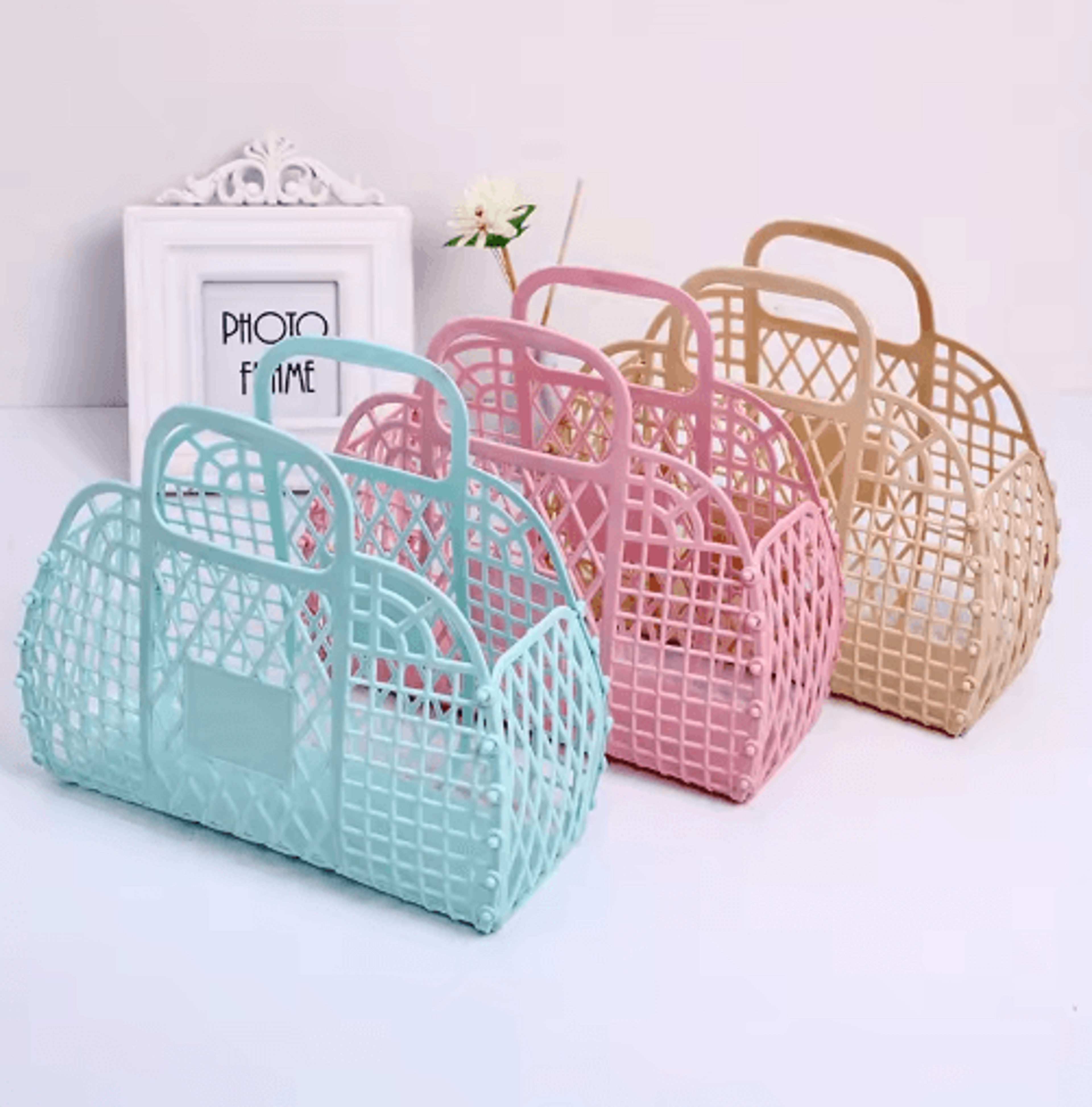 Collapsible Plastic Storage Basket Bag With Dual Handles 0